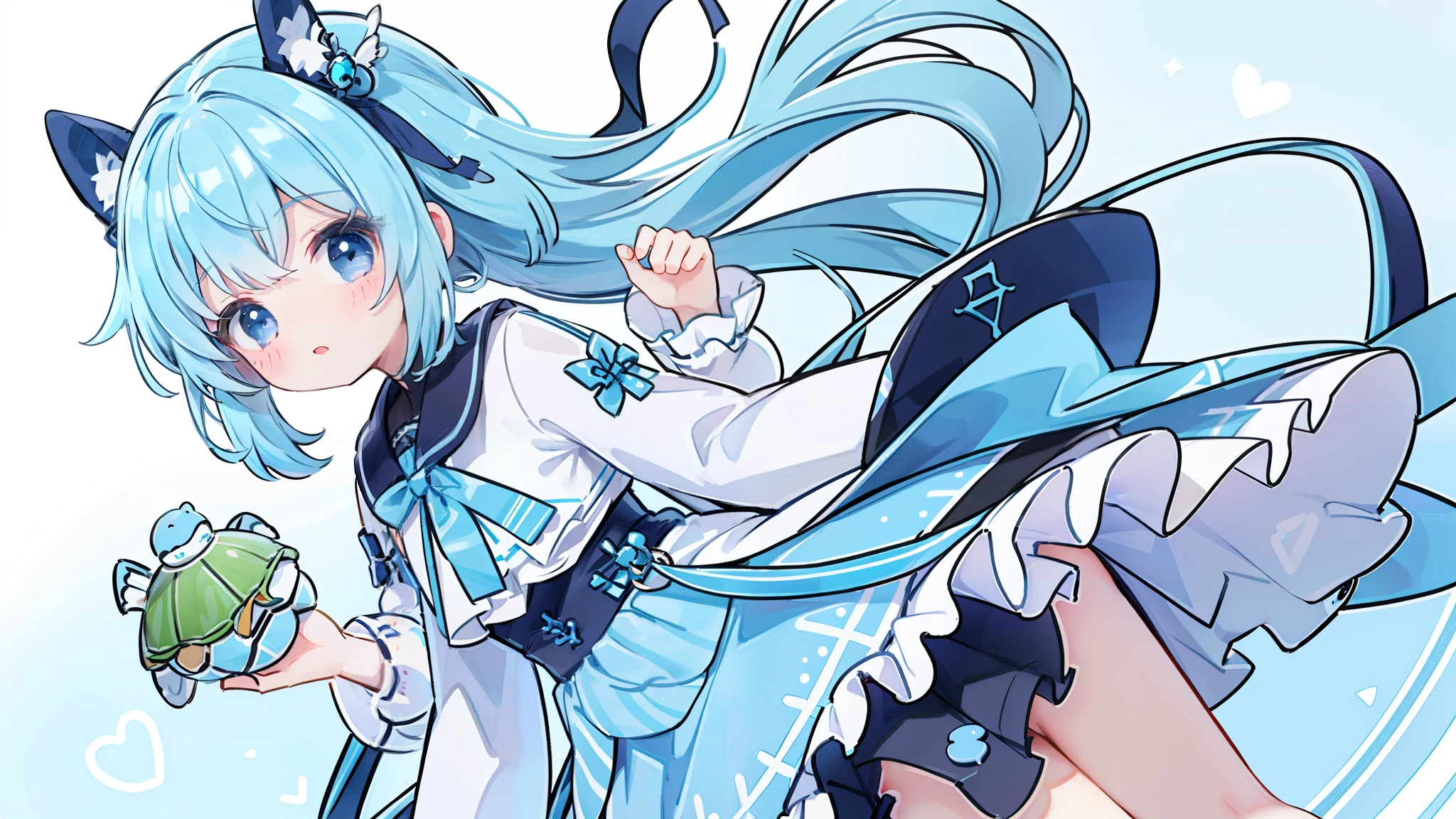 One girl、Short stature、、lightblue hair、Light blue eyes、Cute Baby Turtle、Straigace、Pop background、tmasterpiece、top-quality、Top image quality、8K、bow ribbon、Ribbon on the back、Ribbon dress、