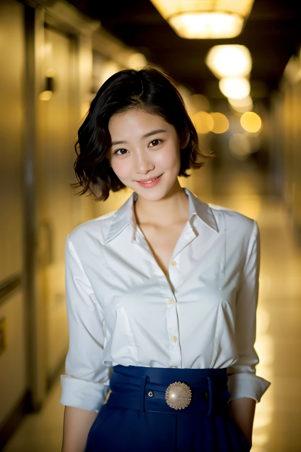 smiling woman in white shirt standing in hallway with light on, jaeyeon nam, a young asian woman, taken with canon eos 5 d mark iv, heonhwa choe, gemma chen, gorgeous young korean woman, taejune kim, taken with canon 5d mk4, xision wu, louise zhang, beautiful young korean woman, beautiful south korean woman, korean artist