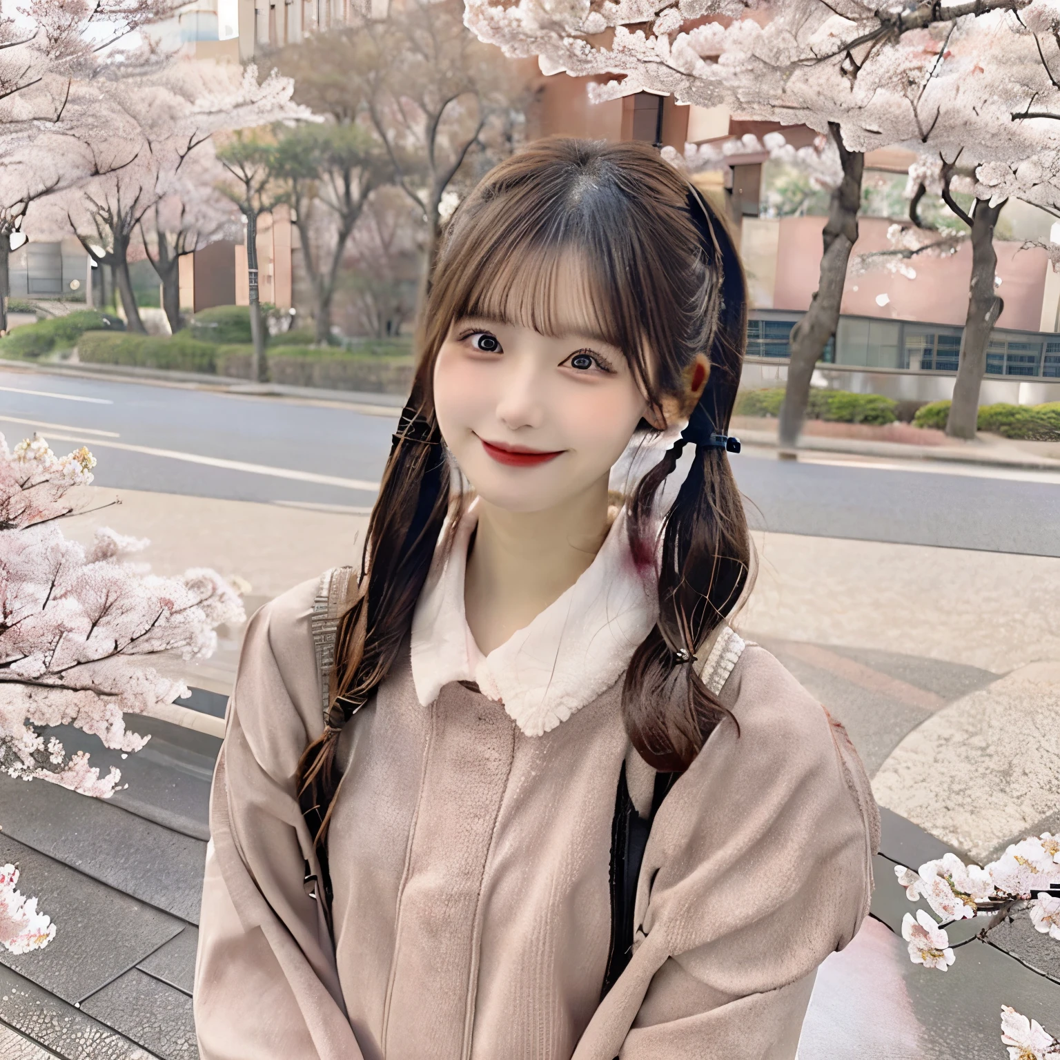 An adult lady with twintails smiling against the backdrop of cherry blossom trees