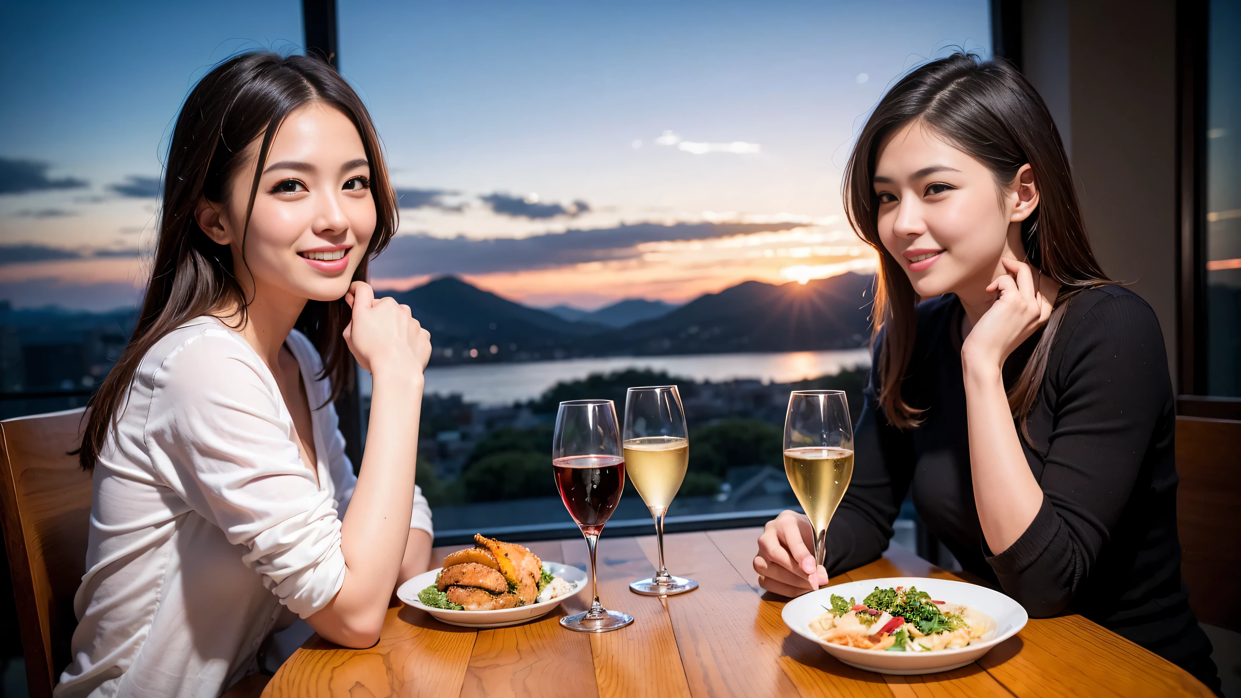 (including 64k, nffsw, highest quality, table top: 1.2), (realistic, photorealistic: 1.37), Spectacular view of the sunset sky and clouds、Amazing mountain views、long sleeve shirt、winter fashion、Columbia、Brazilian、Japanese、Dutch、German、Portuguese、Belgian、Italian、French,Champagne、sparkling wine、 (slimフェイス), (slimボティ), (brown hair), (shortcut), neat beauty、cheeks turn a little red, (35 years old), 38 years old, alone, 窓の外には美しく緻密なnight景が広がります., restaurant, wine glassが座っている, nightに, in a prominent place (from the Upper body) nova frog style, actress, model, Upper body, White wine, slim, wine glass, Super Clean night View, wine glass Put in the Middle, Happy smile, (smile: 1.15), beautiful and detailed eyes, Upper body, bust japan up, night, short, short, actress, model, Upper body, White wine, slim, wine glass, Super Clean night View, wine glass Put in the Middle, Happy smile,