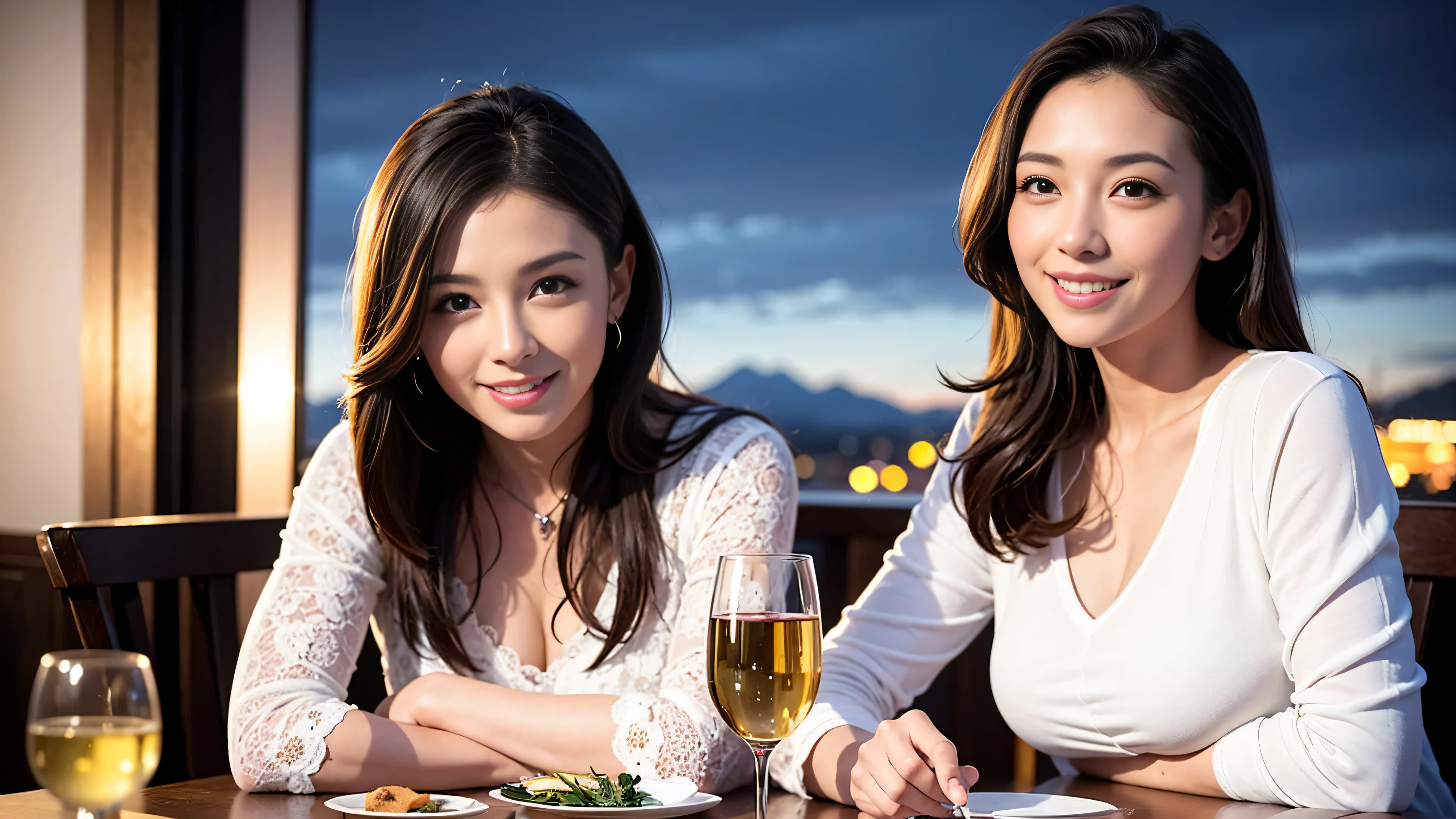 ((highest quality、8k、masterpiece:1.3))、1 male、1 female、石原さとみさん似Couple、Spouse、Couple、The body is slim、((Bob Hale、Straight hair:1.2)), (Realistic, Intricate details:1.2), テーブルの上のwine glass、Shine light on your face、 Amazing view of the sunset sky and clouds、Amazing mountain views、A bright smile、The wonderfulness of smile、Bright image、The beauty of wine, Beautiful Face, blue eyes, The light shines on your face, Blushing, short hair,Bright Face、 (Age 37), 39 years old, red wine 、Appetizers、Italian food、Wine bottle、Champagne、sparkling wine、Two beauties、Brown Hair、Shortcuts、Long sleeve shirt、dress、Pretty Woman 1, (slimな顔), (The body is slim), (Brown Hair), (Shortcuts), cheeks turn a little red,Attractive beauty、restaurant, In a prominent place (From the waist up) Nova Frog Style, actress, model, Upper Body, White wine, slim, wine glass, 中央に置かれたwine glass, smile, (smile: 1.15), Beautiful fine grain, Depth f/2,saturation, High Contrast, Strong light and shadow,Moist Body:1.5、3D texture、Delicate eyes、Brown Hair、The hair is very shiny、