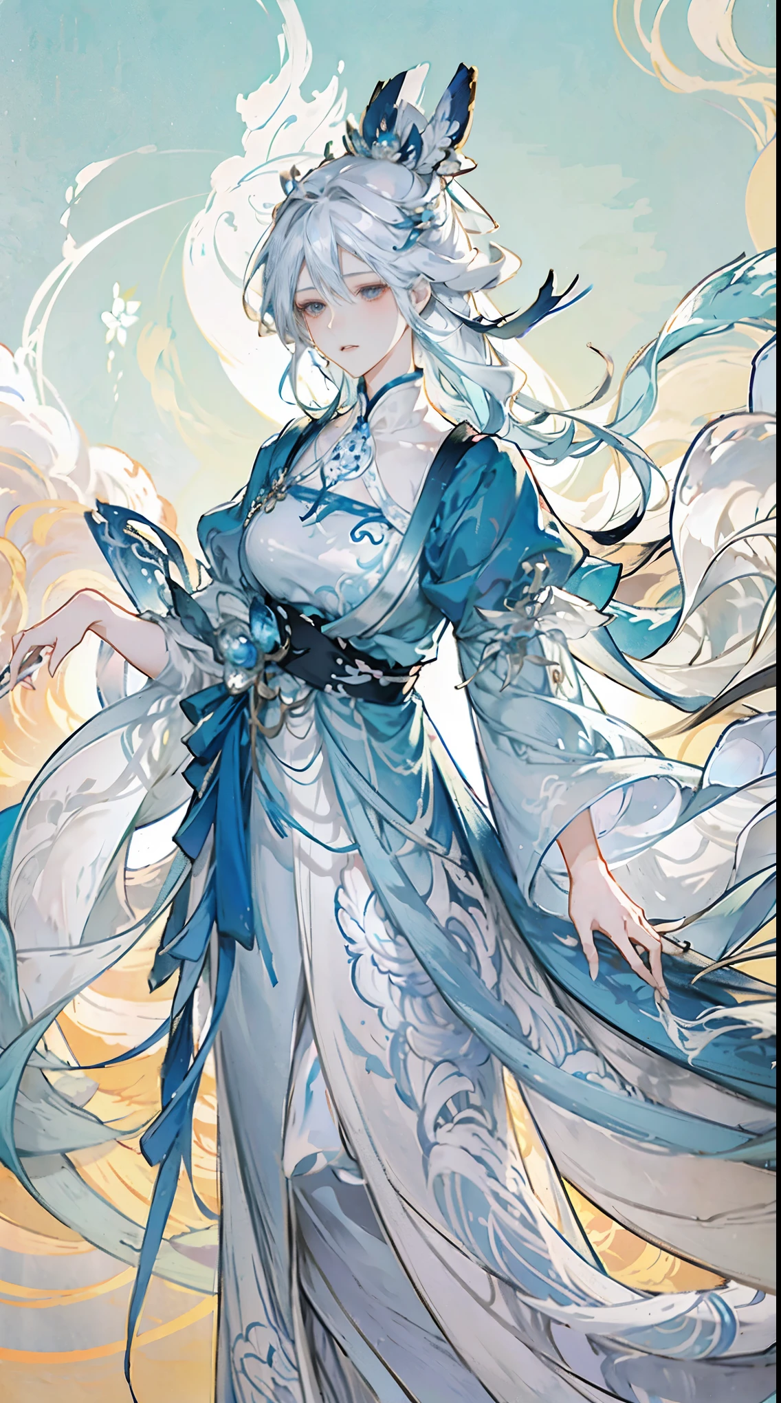 anime girl with long white hair and blue dress holding a sword, detailed digital anime art, white haired deity, guweiz on pixiv artstation, guweiz on artstation pixiv, trending on artstation pixiv, beautiful character painting, anime fantasy illustration, fanart best artstation, by Yang J, beautiful fantasy anime, extremely detailed artgerm