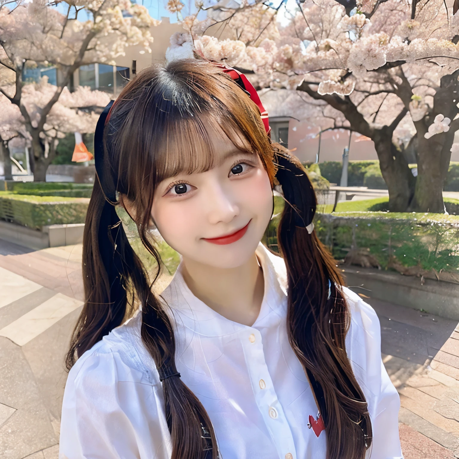 A college girl with twin tails smiling against the backdrop of cherry blossom trees, whole body