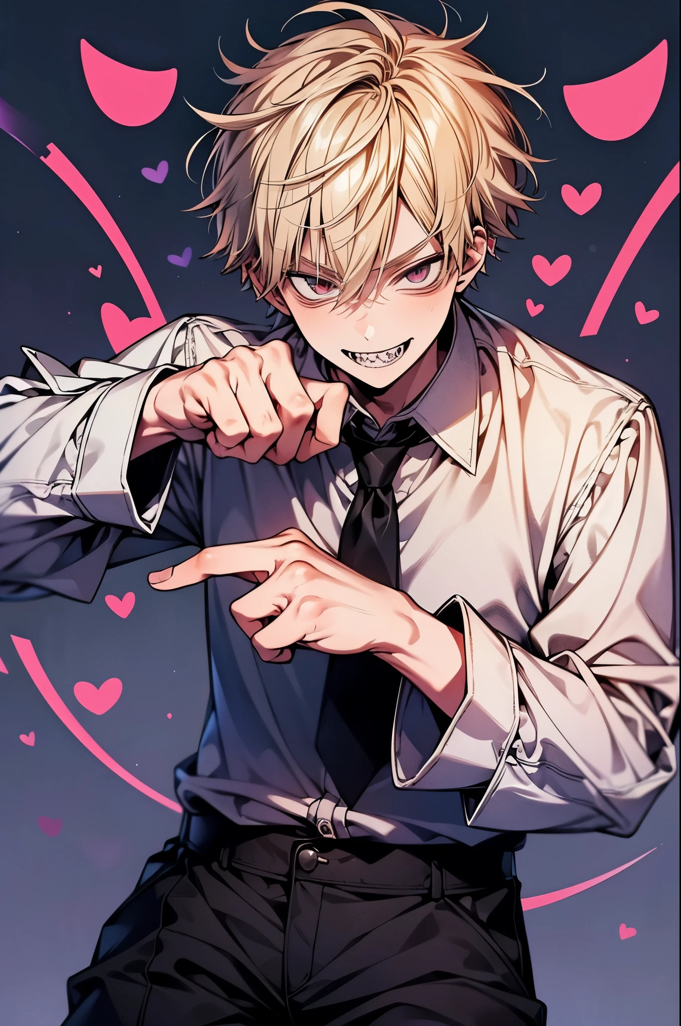 (masterpiece, Best Quality:1.2), Cowboy Shot, Solo, Male Focus, Look at viewers,  1boy, Denji, sharp teeth, teeth, Blonde hair, Evil smile, smile, showing teeth, Looking at Viewer, peace sign, Blonde hair, big smile, v-shaped eyebrows, White collared shirt, black necktie, sleeves rolled up, (Top resolution, Distinct_image), perfect hands, ,denji,peace sign,