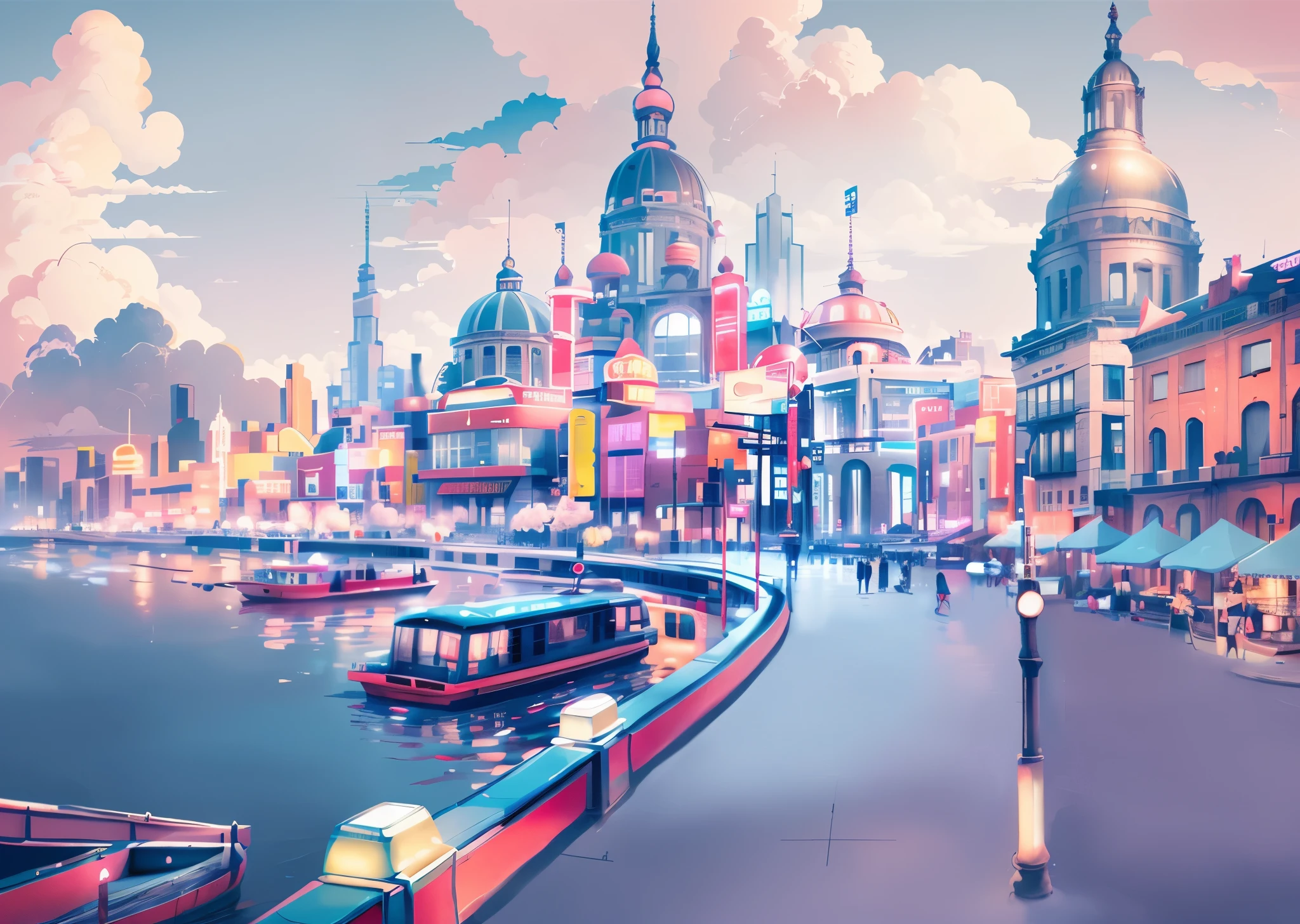 City streets，There are boats on the water, 4k highly detailed digital art,neon lights，Chinese signboard，Retro sign，Old Shanghai，