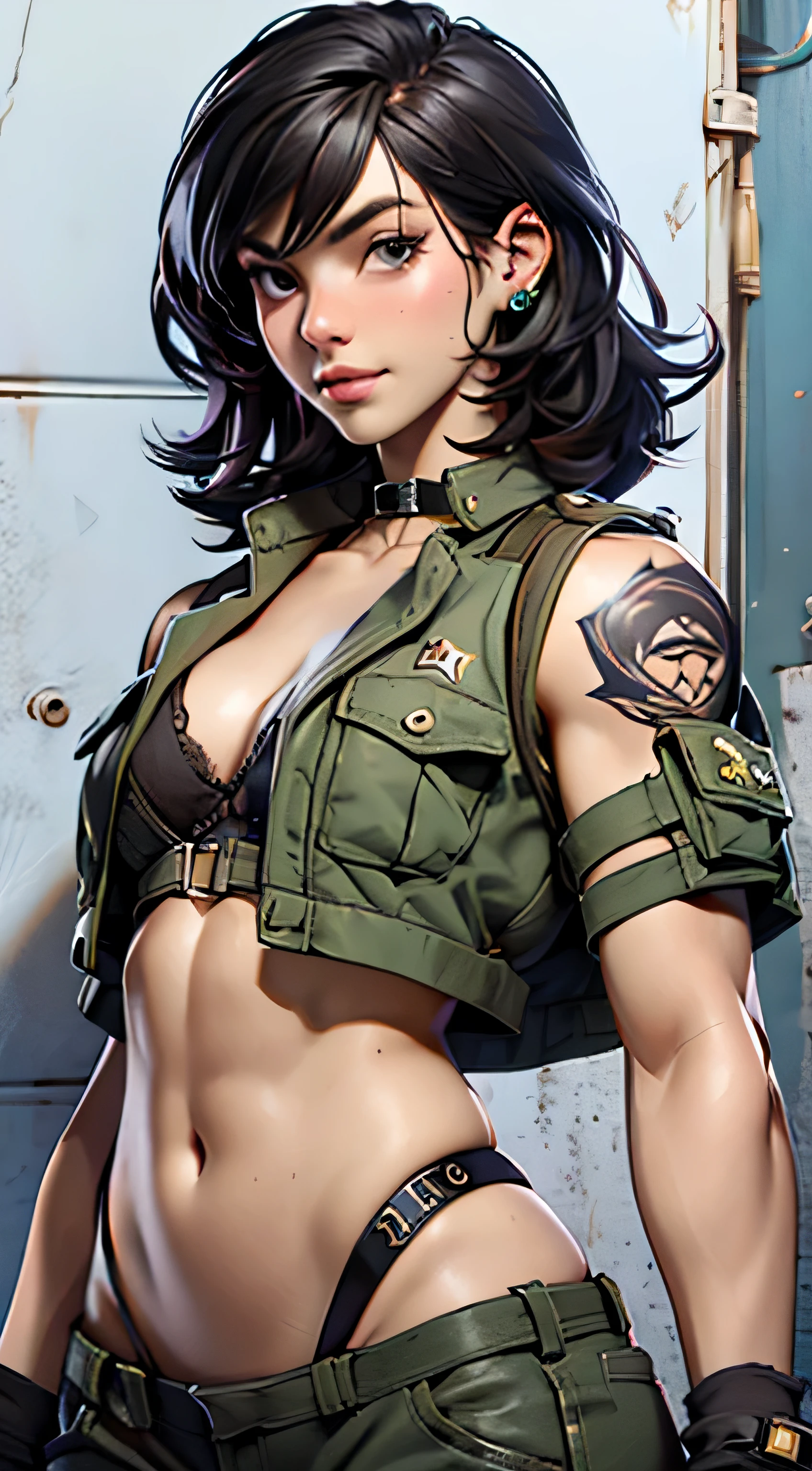 (((best quality: 1.4))),(Unparalleled masterpiece), (Ultra high quality),(Hyper-realistic 8K CG)、 ((( Body))), (((1 girl in))), 25-year-old American soldier with perfect Body,,Beautiful and well-groomed face,muscular Body:1.2,detail camouflage jacket, camouflage vest、 (Pictures from head to thighs),clean abs, Complex equipment, dark green,With white stars and off-white stripes,,,,, armor, poison tattoo ),