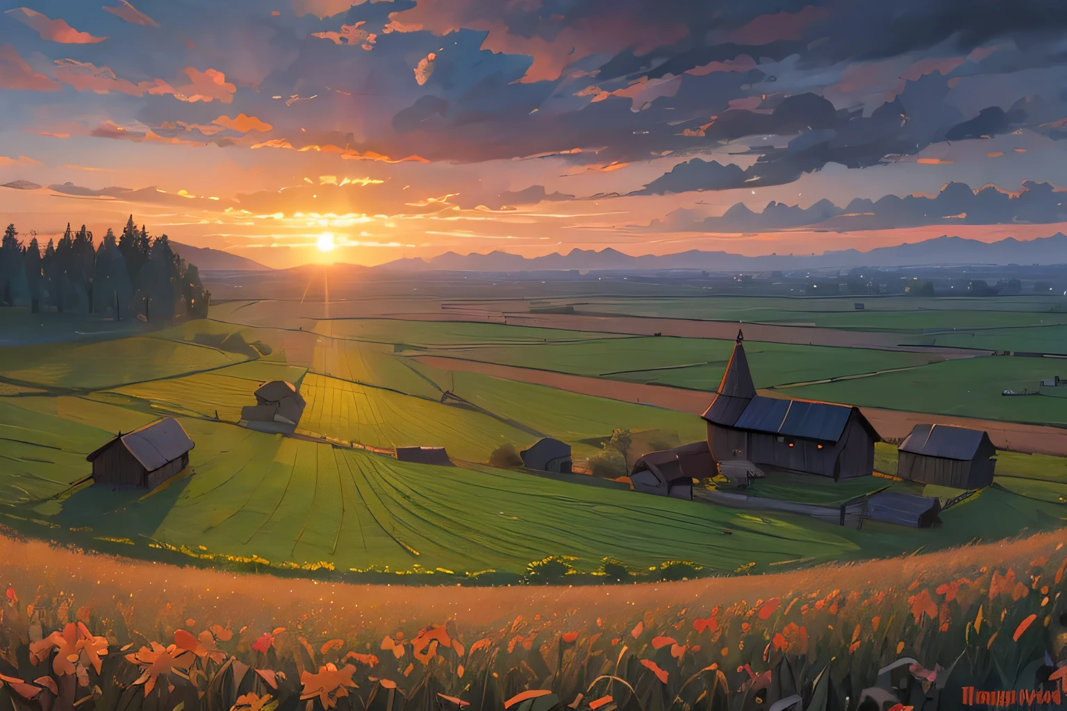 Old Russian village in the field , manhwa style, Dark cloudy sky, sunset field