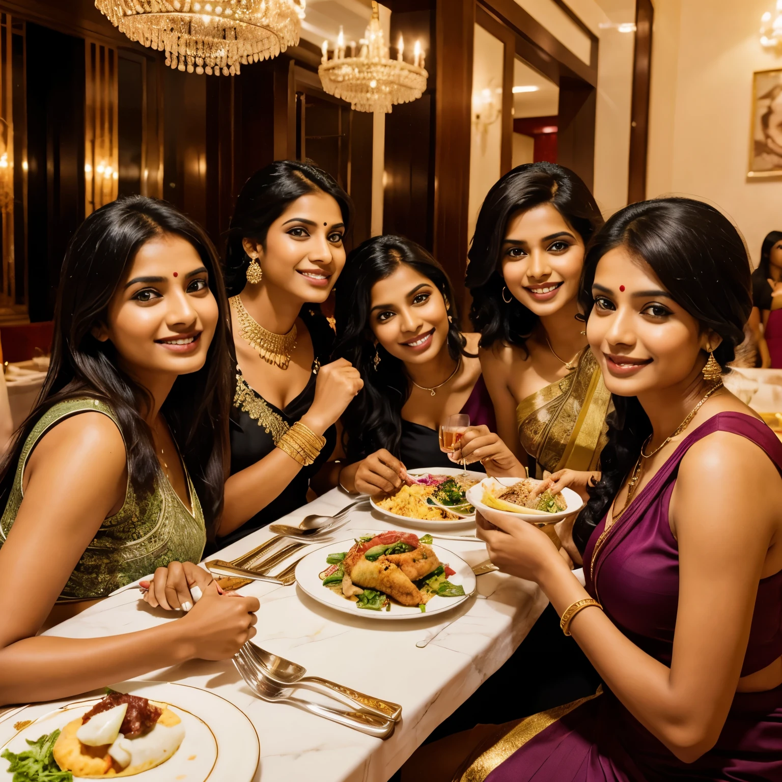 5 Indian ladies celebrating a happy moment dining in a posh restaurant