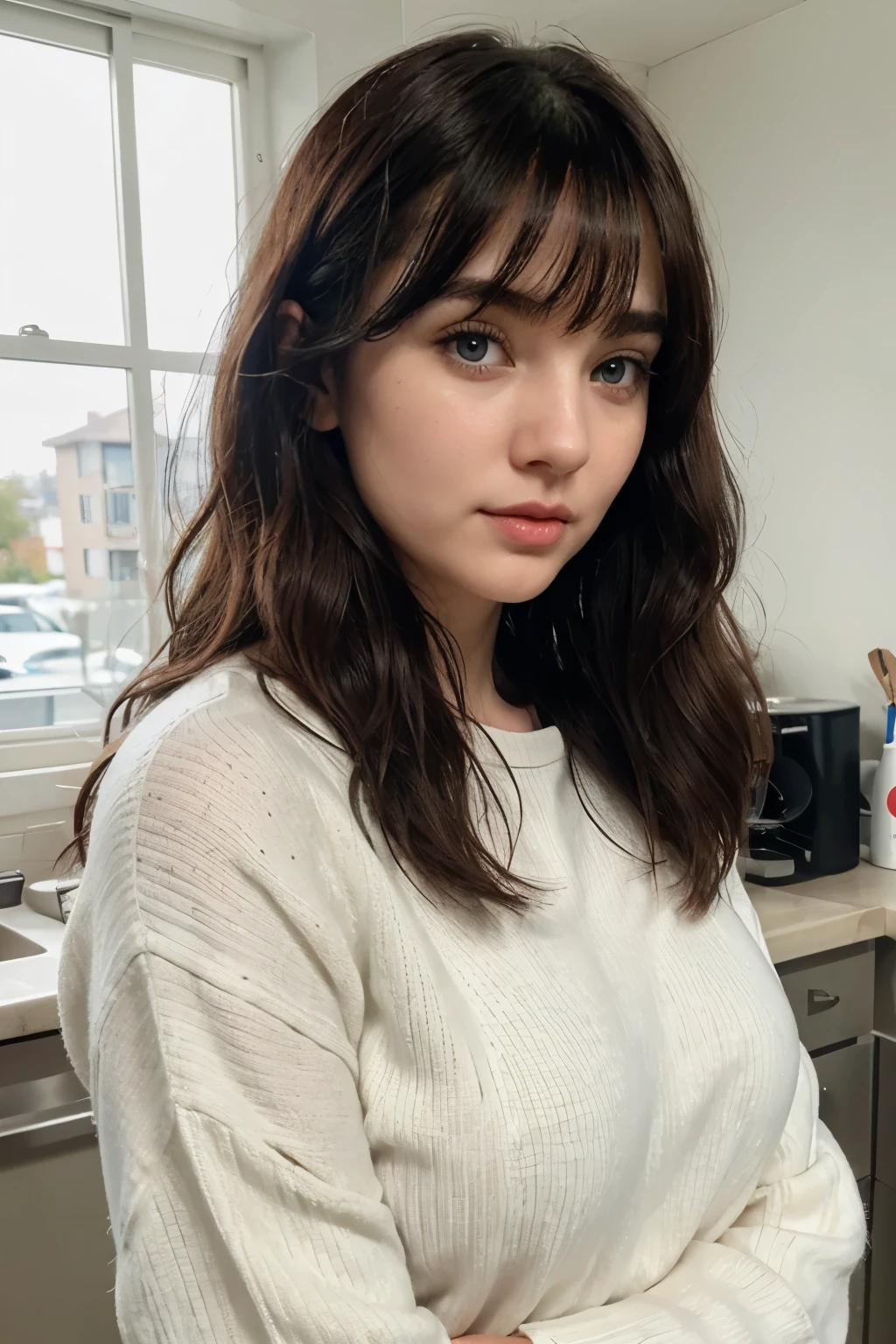 wavy hair, black hair, chin-length short hair, ocean blue eyes, almond eyes, tiny nose, upturned nose, white skin, ultra white skin, porcelain-like skin, slim facial features, long eyelashes, hair with bangs, cherry red lip, 25 years old women, restaurateur, workshop background, wearing oversize sweater, 168 cm height, 48 kg weight, extremely realistic