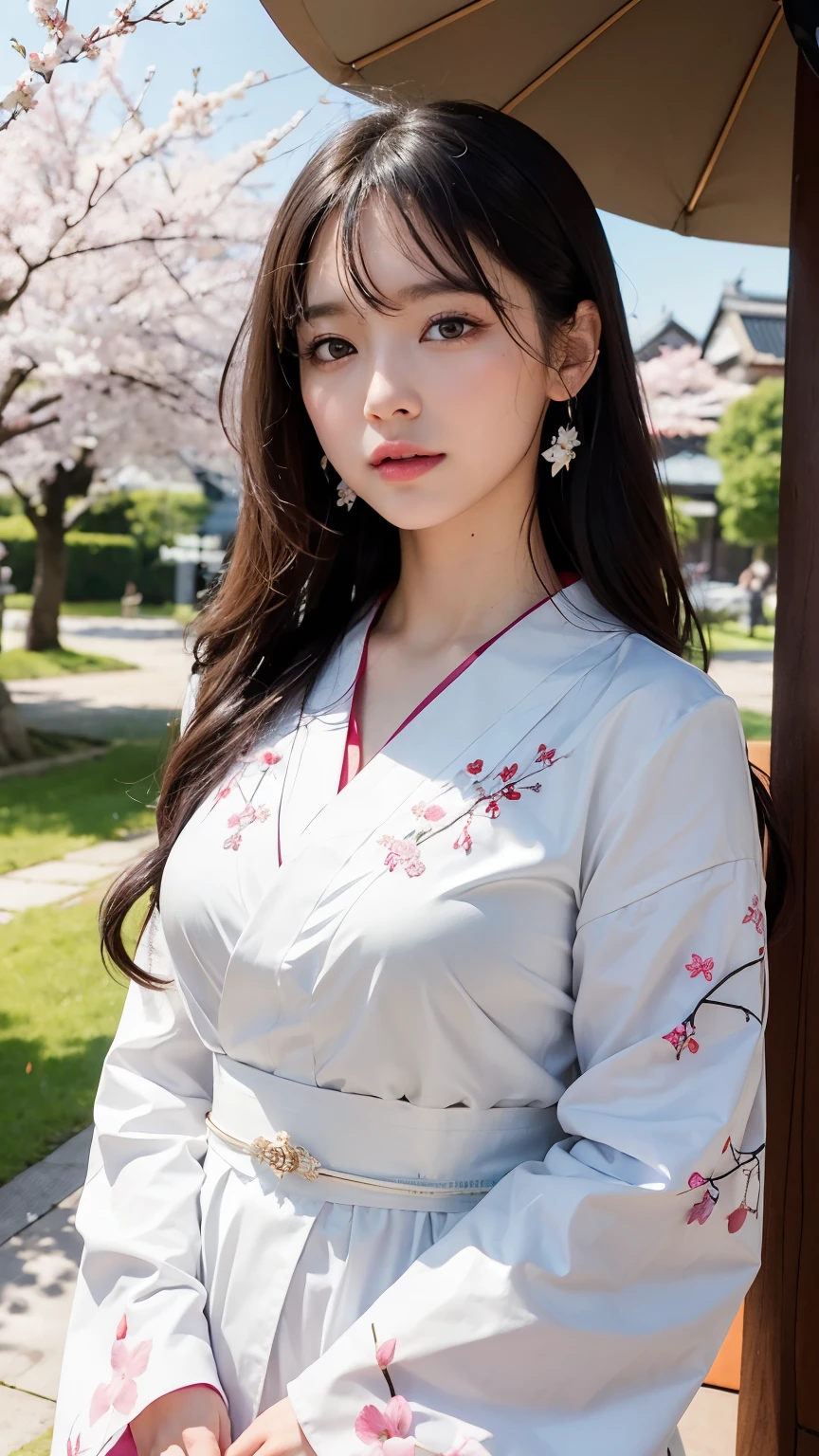 (logo、masterpiece、8k、table top、RAW photo、wonderful、最high quality、Photorealistic and hvery detailed CG integrated 8k wallpaper、high quality、very detailed、Narrative poem、particle effects、dynamic effects、written boundary depth、cinematic light、Lens flare、ray tracing)、fantasy、 (1 beautiful woman、white kimono、Japan Dress、white cherry blossom pattern、White cherry blossom embroidery pattern、black haired、beautiful face、real face、beautiful details eyes beautiful skin)、Hair flutters in Wind、hair bounces、pink cherry tree、petals dance、SakuraFubuki、wonderful景色、sunrise、sun on background、Wind、god々、teeth、god話、vast land、