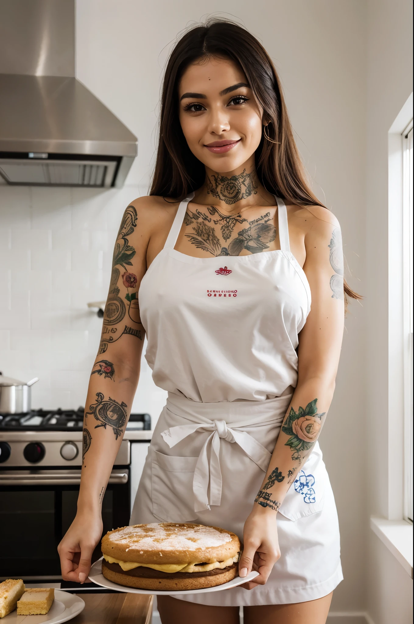 masterpiece, best quality, extremely detailed, hyperrealistic, photorealistic, a pretty brazilian woman, with various tattoos, baking cake:1.1, kitchen, plain apron:1.2, ultra detailed face, detailed eyes, pointy nose, smiling
