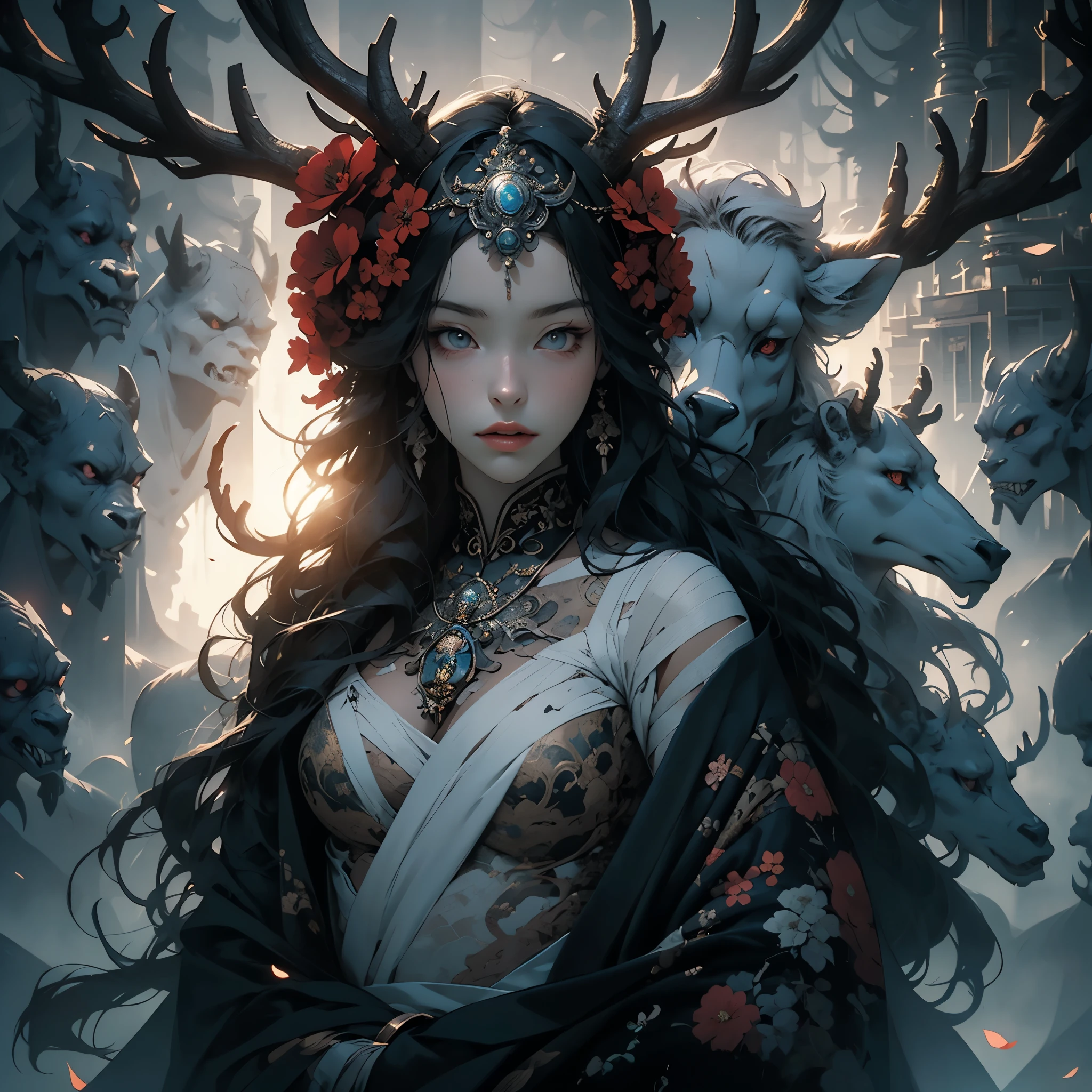 (Masterpiece: 1.2), (Gloomy color scheme), Beauty with long gray hair, Realistic eyes, beatiful face, Beautiful girl with a perfect body, Druid, with large deer antlers on the head, long straight hair, Flowers, entwined with branches, (The body is wrapped in black bandages), 8K high-quality detailed graphics, ((perfect anatomy)), stunning digital illustration, (Body symmetry: 1.2), Upper torso. Gray gloomy background, Dark Forest. Gloomy and hopeless, Dark dramatic lighting, vignette, Depth of field.