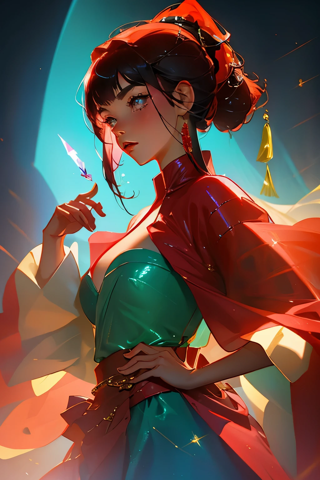Reptilian humanoids, clad in vibrant red leather kimonos, gracefully hold crystal shillelaghs in their scaled hands. This captivating scene unfolds in the realm of fantasy art. With Cinema 4D as the canvas, every polished detail comes to life, from the intricate patterns on the reptilian skin to the translucent crystals in their shillelaghs. The rococo inspired setting is further accentuated with the soft, shimmering effects of digital painting and Chinese watercolor techniques. As twilight descends, the scene is bathed in a warm, glowing light, casting magical reflections on the polished surfaces.