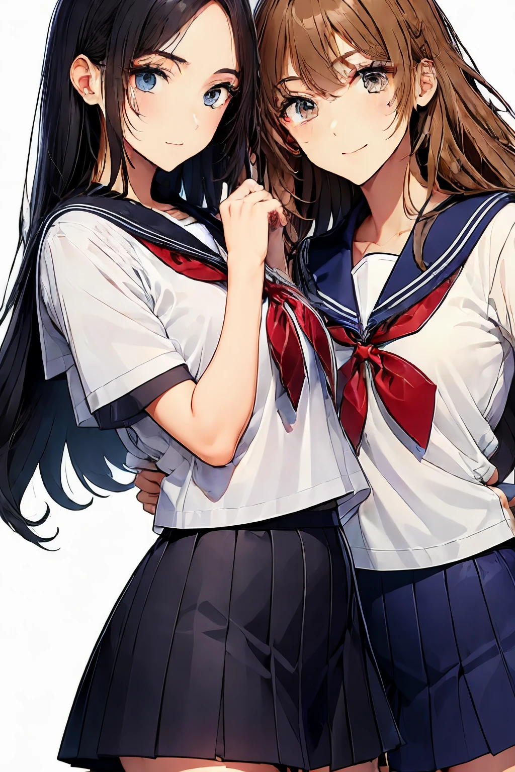 (2 girls), chyuri, (hug), beautiful, smile, Japanese high school student, short sleeve sailor school uniform, classroom,