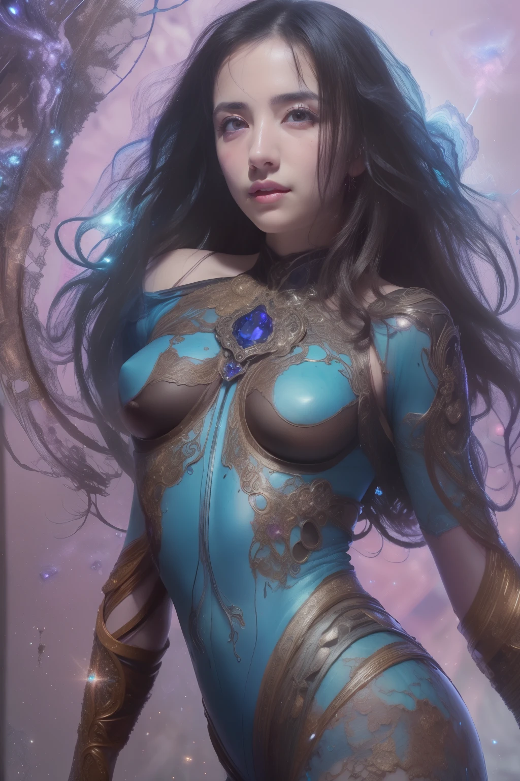 (expression of ecstasy:1.2), From Side, Photorealistic, Official art, Unity 8k wallpapr, 8K Portrait, Best Quality, Very high resolution, (Incredibly beautiful nature background:1.6), One girl, One beautiful teenage italian girl, , Obscene, (Sexy and glamorous:1.1), (A coquettish expression:1.6), (small breasts with raised pink areolas:1.6), Vulgarity, (seductively smiling:1.2), (full body1.0), (erotic posing:1.5), (Magic Attack Pose:1.6),(magical effects like sparkles or energy:1.5), (Electric shock from hands:1.1), (Detailed blue bodysuit with beautiful fractal or marble design:1.5), (Beautiful and d delicate ruby, topaz, emerald and sapphire jewelry:1.45), Beautiful seductive face, Portrait, (Thick eyebrows:1.2), (Big purple eyes:1.2), Beautiful eyes with fine symmetry, (Ultra detailed eyes:1.4), (High resolution eyes:1.1), Intimate face, (ultra detailed skin texture:1.4), White skin, pale skin, Perfect Anatomy, Thin, (Beautiful toned body:1.1), Hair Bow, (Moist skin:1.1), full of sweat, No makeup, dark circles, Good anatomy, Focus Face, goodlooking, (Emilia Clark:0.6) (Emma watson:0.3),(Jennifer Connelly:0.4), (sensual face:1.5), Elegant face, Nice, Dolce, Cyberpunk Sci-Fi, (Gauntlets with intricate and beautiful designs:1.2), Blurred background, Blurred foreground, depth of fieldotion Blur:1.1), Complex and colorful biomechanical bodysuit, Zentangle, mandalas, Entangled, (Small breasts:1.2), Sheer breast, (Beautiful:1.2), (NSFW:1.2), large hips, drivel, Juice stain, grabbing on breasts