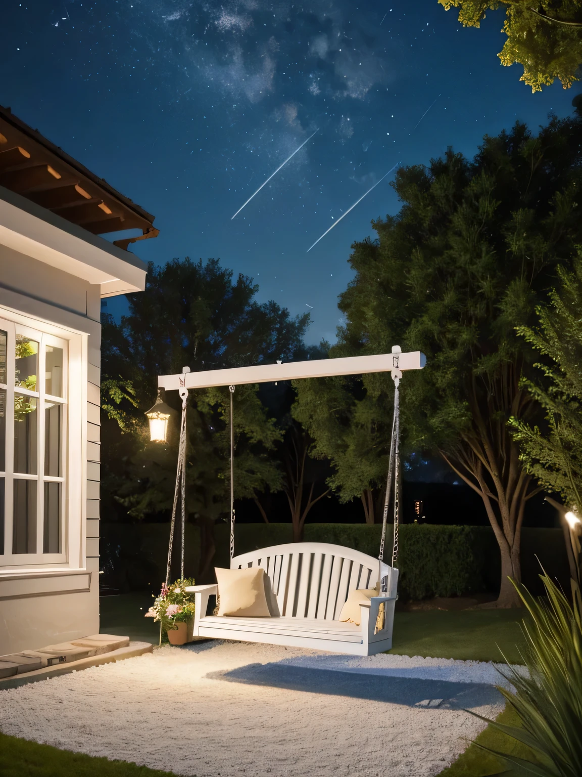 It's spring all year round,Dream,Little White House,Terrace,There is a swing in the yard,night,There are shooting stars in the sky