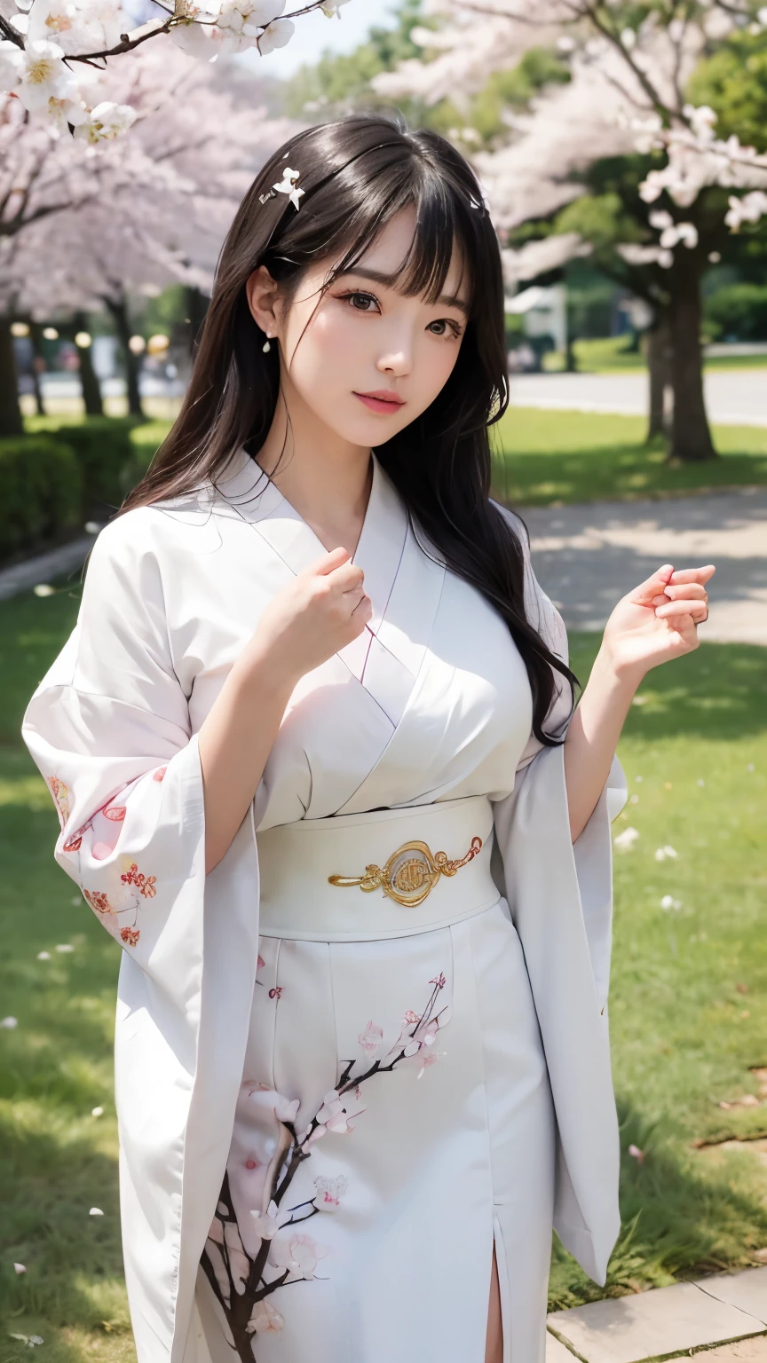 (logo、masterpiece、8k、table top、RAW photo、wonderful、最high quality、Photorealistic and hvery detailed CG integrated 8k wallpaper、high quality、very detailed、Narrative poem、particle effects、dynamic effects、written boundary depth、cinematic light、Lens flare、ray tracing)、fantasy、 (1 beautiful woman、white kimono、Japan Dress、white cherry blossom pattern、White cherry blossom embroidery pattern、black haired、beautiful face、real face、beautiful details eyes beautiful skin)、Hair flutters in Wind、hair bounces、pink cherry tree、petals dance、SakuraFubuki、wonderful景色、sunrise、sun on background、Wind、god々、teeth、god話、vast land