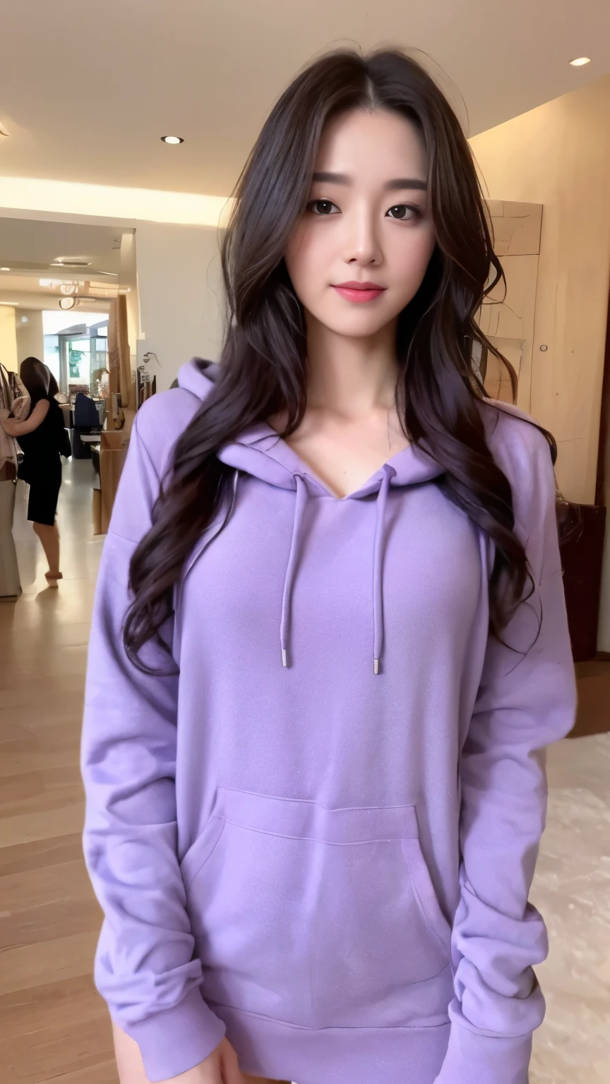 ((top-quality、8k、​masterpiece:1.3))、Beautiful woman with perfect body:1.4、slim abdomen:1.2、Longhair, normal breast, Highly detailed facial and skin texture, A detailed eye, delicate eyes, double eyelid, (smile), (full body shot), ((shopping mall)), (standing), ((wearing purple hoodie)), looking in front
