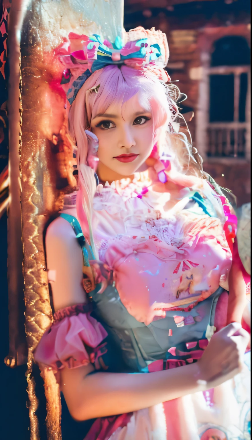8k, highest quality, masterpiece, ultra high resolution, (realism: 1.4), original photo, (realistic skin texture: 1.3), (film grain: 1.3), (Selfie angle), 1 girl, pink clothes, Sapphire eyes and beautiful facial details, masterpiece, highest quality, close, Upper body highest quality pull-ups