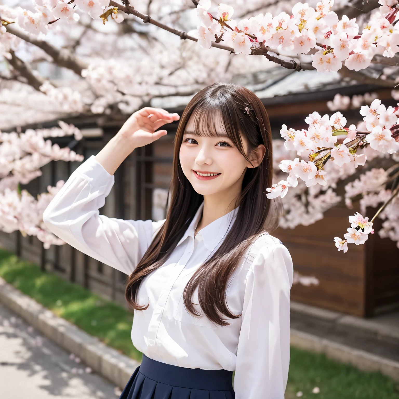 An adult young lady wearing a flared skirt and smiling with a row of cherry blossom trees in the background.