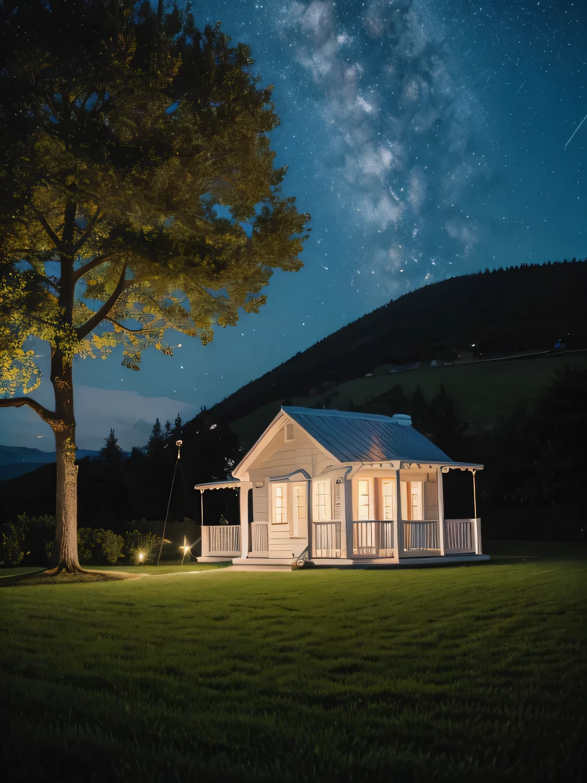 It's spring all year round,Dream,Little White House,Terrace,There is a swing in the yard,night,There are shooting stars in the sky,House on the hillside
