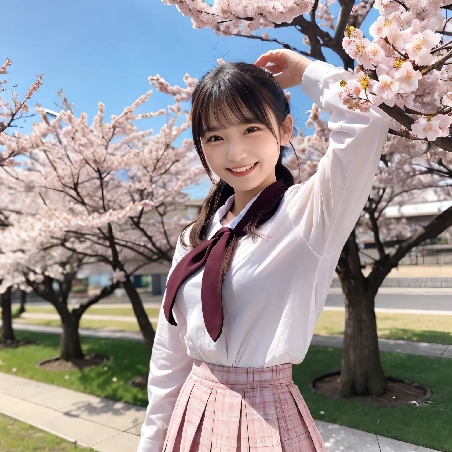 An adult young lady wearing a flared skirt and smiling with a row of cherry blossom trees in the background.