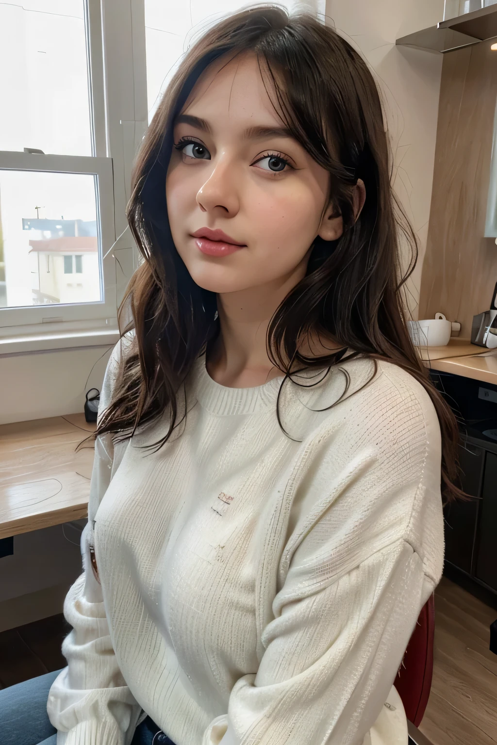 wavy hair, black hair, chin-length short hair, ocean blue eyes, almond eyes, tiny nose, upturned nose, white skin, ultra white skin, porcelain-like skin, slim facial features, long eyelashes, hair with bangs, cherry red lip, 25 years old women, restaurateur, workshop background, wearing oversize sweater, wearing jeans, sitting on office work chair, 168 cm height, 48 kg weight, extremely realistic
