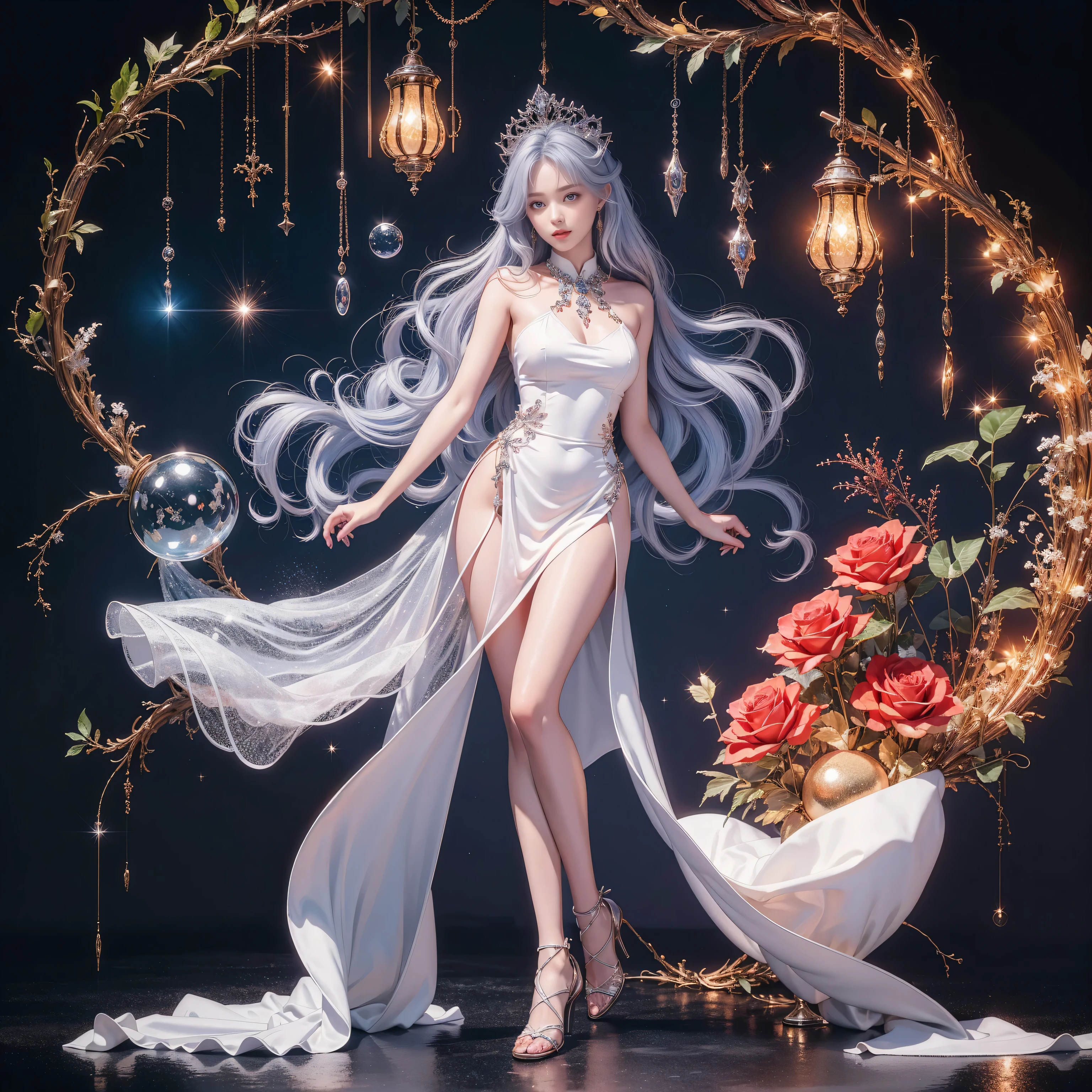 Top quality work,Photorealistic works,Ultra Premium Graphics,8K HD CG works,High-quality graphics,High-definition fine CG works,10x pixel,Ultra-fine details:1.1,Advanced technical details:1.1Photographically realistic,Indoor lighting effects:1.5,Natural light:1.5. light effect(Virtual Light Effects:1.8),超A high resolution,Shiny Blue Dress,Long silver hair,Silver hair,Transparent hair,High Detail Hair(Premium Hair Detail:1.1)Clear eyes,Good looking double eyelids,Sharp eye makeup, Delicate makeup for eyelashes, Thin eyebrows, ultradetailed eyes,High Nose, lovely red lips, Rose cheeks, Face with delicate makeup , Pretty Face, A perfectly proportioned face,(Advanced facial details:1.1)Collection of shiny blue luxury dresses,Blue Sequin Dresses,Sequin coat,shiny,Tight long skirt,Summer Sexy Hip Wrap Fishtail Sleeveless Commuter Maxi,Horse Stockings 100%Oil Gloss Panst Gloss Silk Luster 8D Black Silk Woman,stiletto heelitts,Beautiful long dresses,wonderful dress,Bright Red Series,Haute Couture Dresses Collection,Dress Photography,Authentic dress works,In the banquet hall,Women's Artwork,full-body view,Goddess of Dress,Realism,amazing,Today's eyes are bright,large full breasts