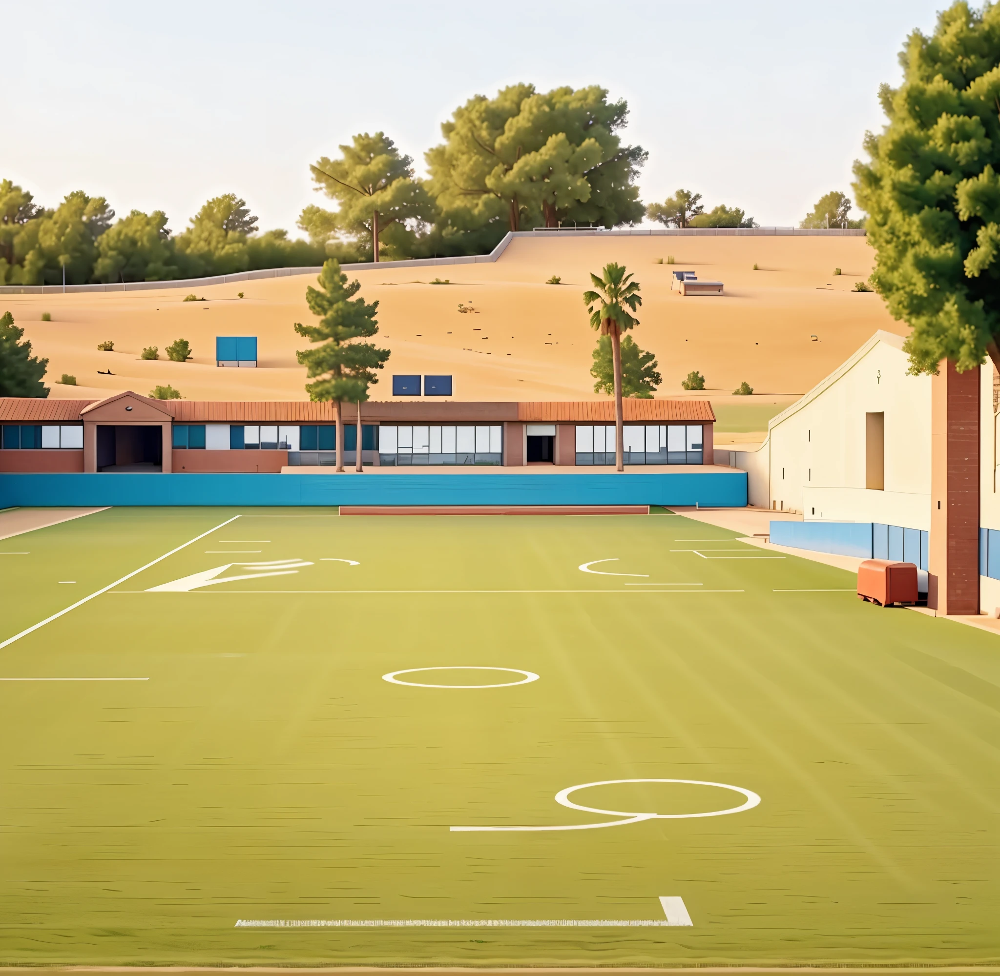 Deserted school field, football field, Disney style,