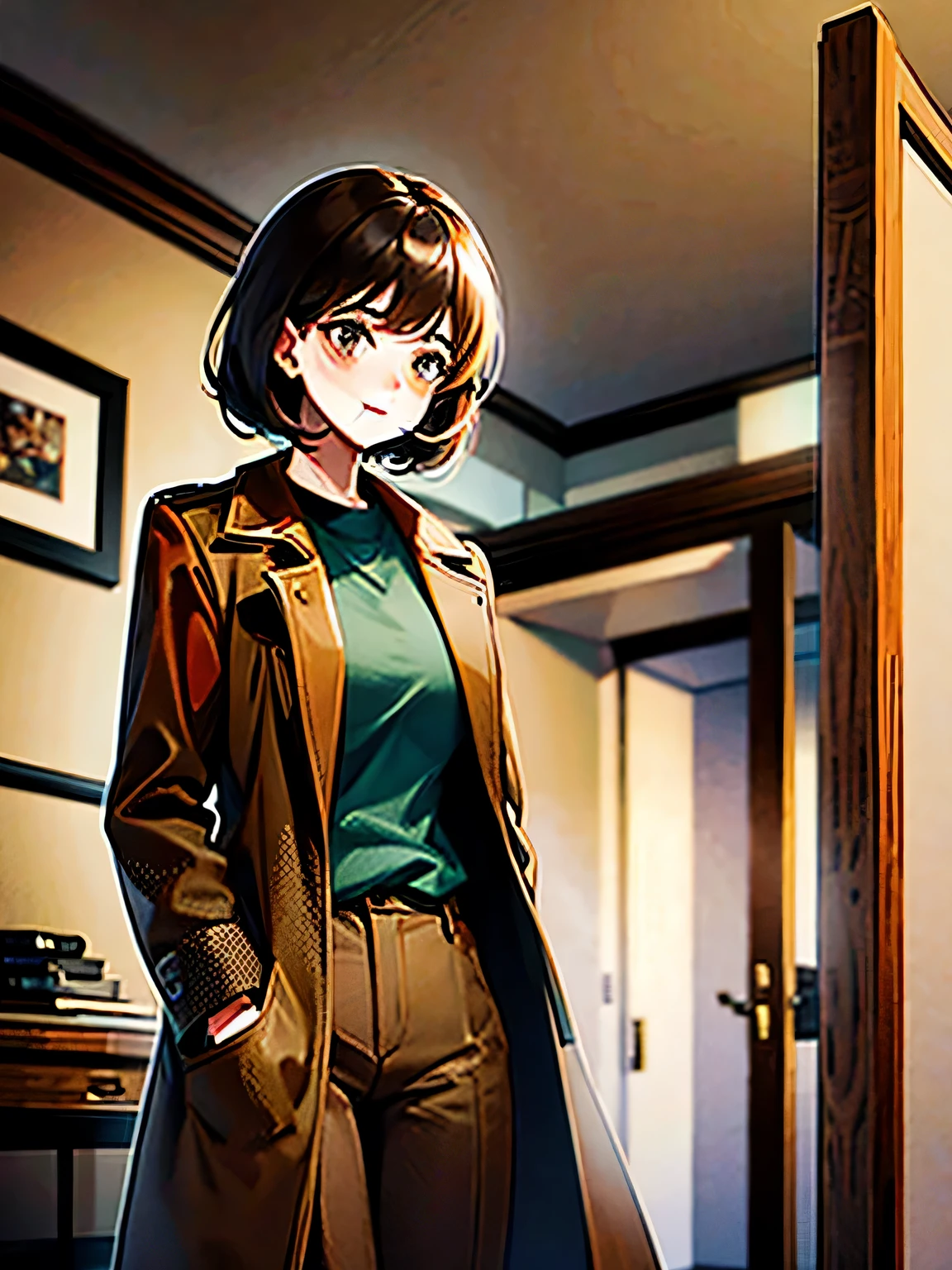 a girl,brown coat,brown pants,short black hair,no bangs,pistol,in the room