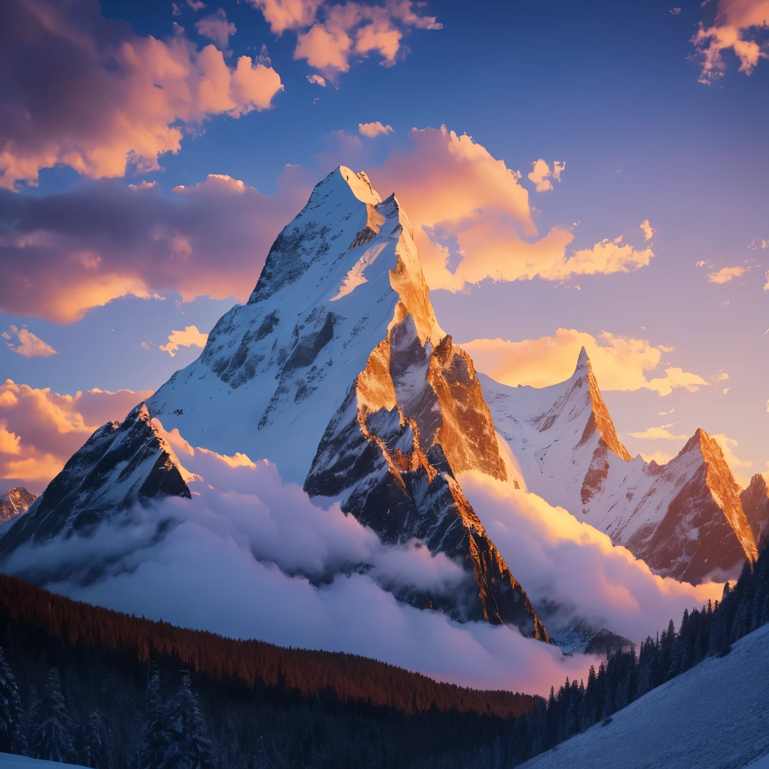 Sunset, snow mountain, Towering--automatic