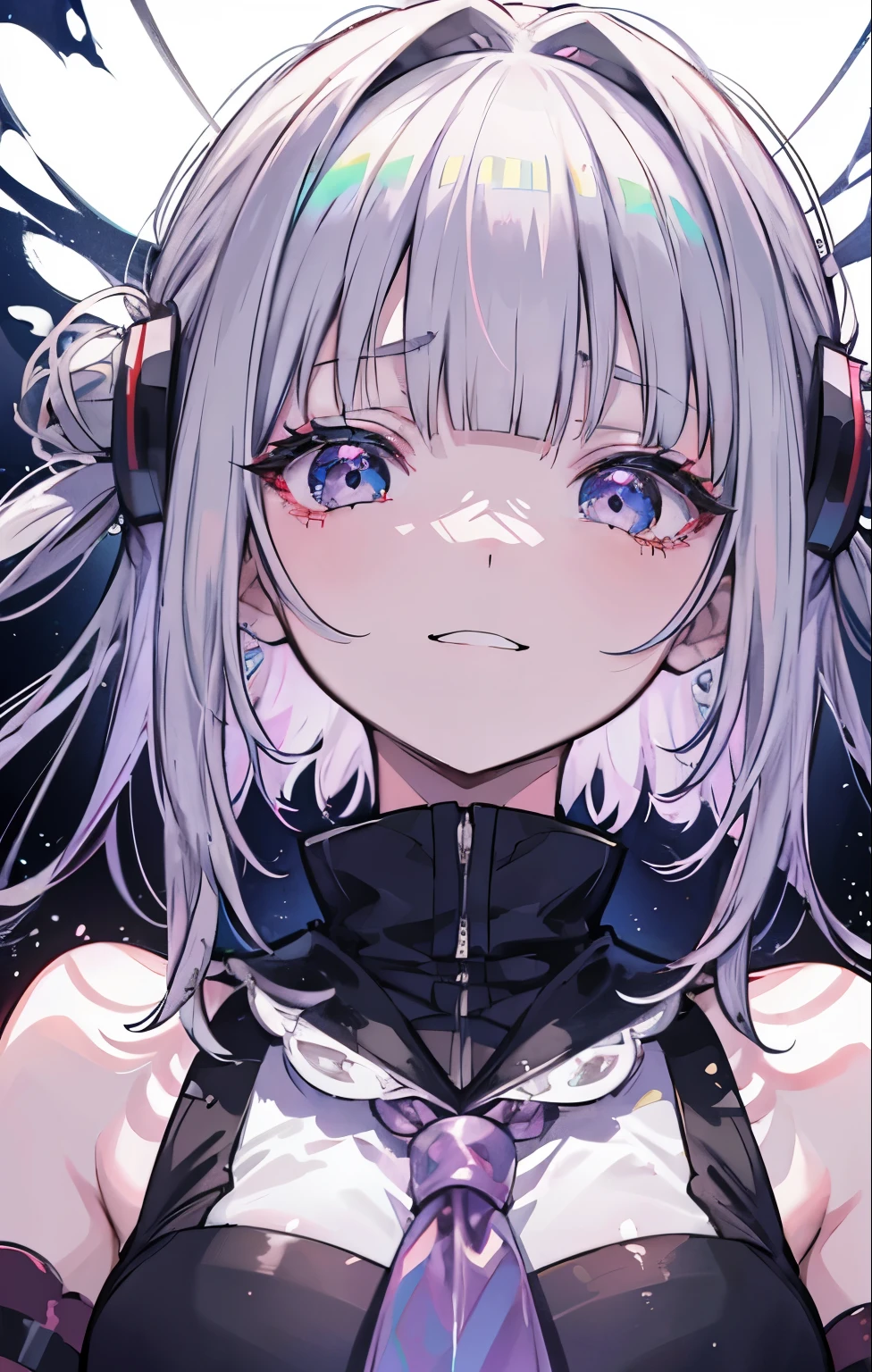 Himiko Toga，anime style，looking at the audience，High level details，reflective transparent iridescent，Long transparent iridescent hair，waist up portrait，highest quality，Super detailed，sad，Smart，beautiful face，beautiful black light background，rendered text style，laughing like crazy，crazy，murderer，