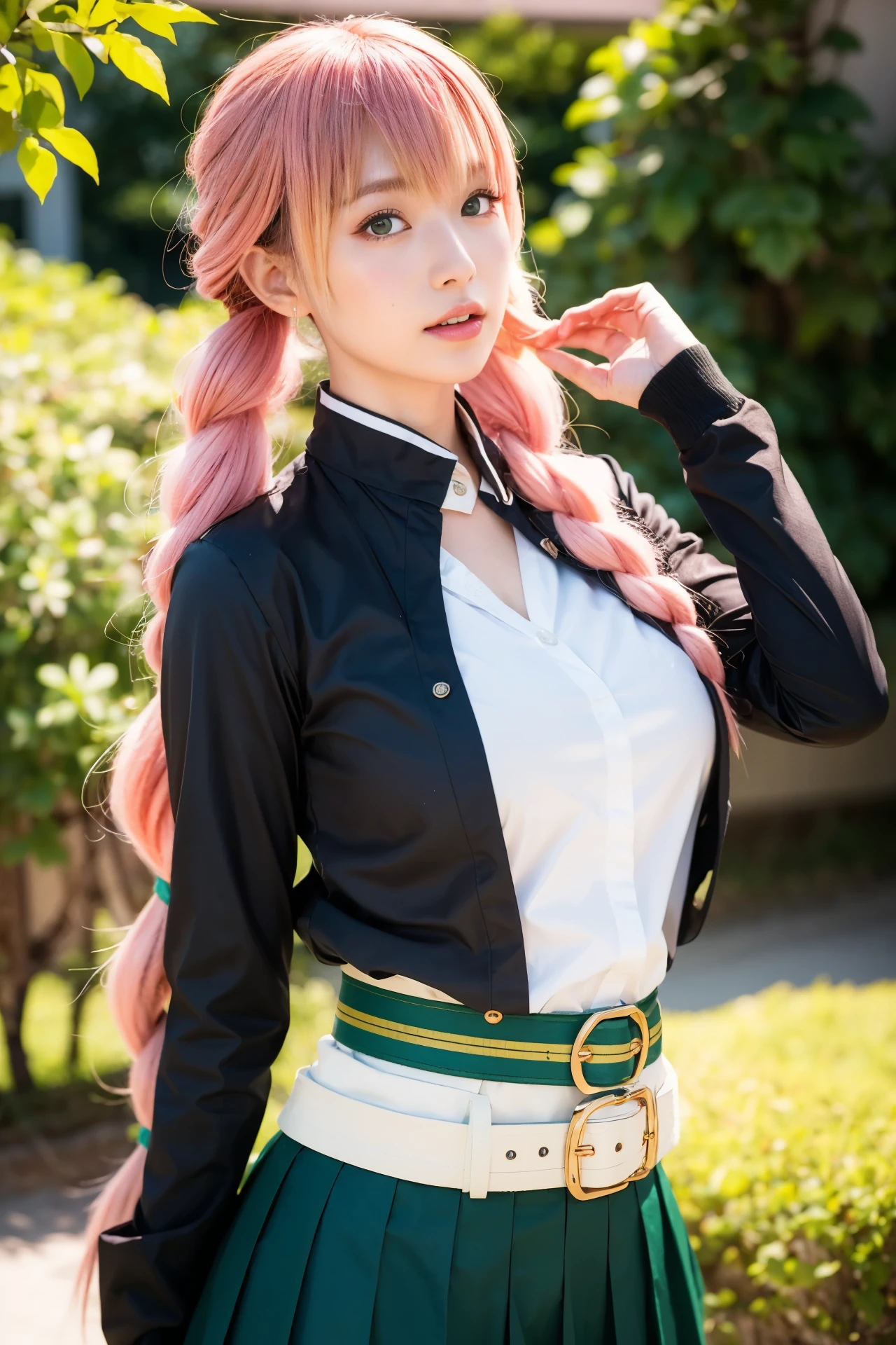 (Demon Slayer Worldview),(Beautiful cosplay of Mitsuri Kanroji),mole under eye,pink hair,mole,long hair,colorful hair,Braid,gradient hair,demon slayer uniform,green hair,green eyes,bangs,long sleeve,shirt,twin Braids,two tone hair,kimono,white shirt,Haori,Jacket,black Jacket,belt,collared shirt,white belt,skirt,unbuttoned shirt,black skirt,open shirt,(A sword in a scabbard),green knee socks,pleated skirt,miniskirt,1 girl,sexy pose,highest quality,masterpiece,figure,very delicate and beautiful,CG,unity,8k wallpaper,wonderful,finely,masterpiece,official art,very detailed CG unity 8k wallpaper,incredibly absurd,huge file size,super detailed,High resolution,very detailed,beautiful detailed girl,realistic,full frontal,dirt road in deep forest,contrast of light,