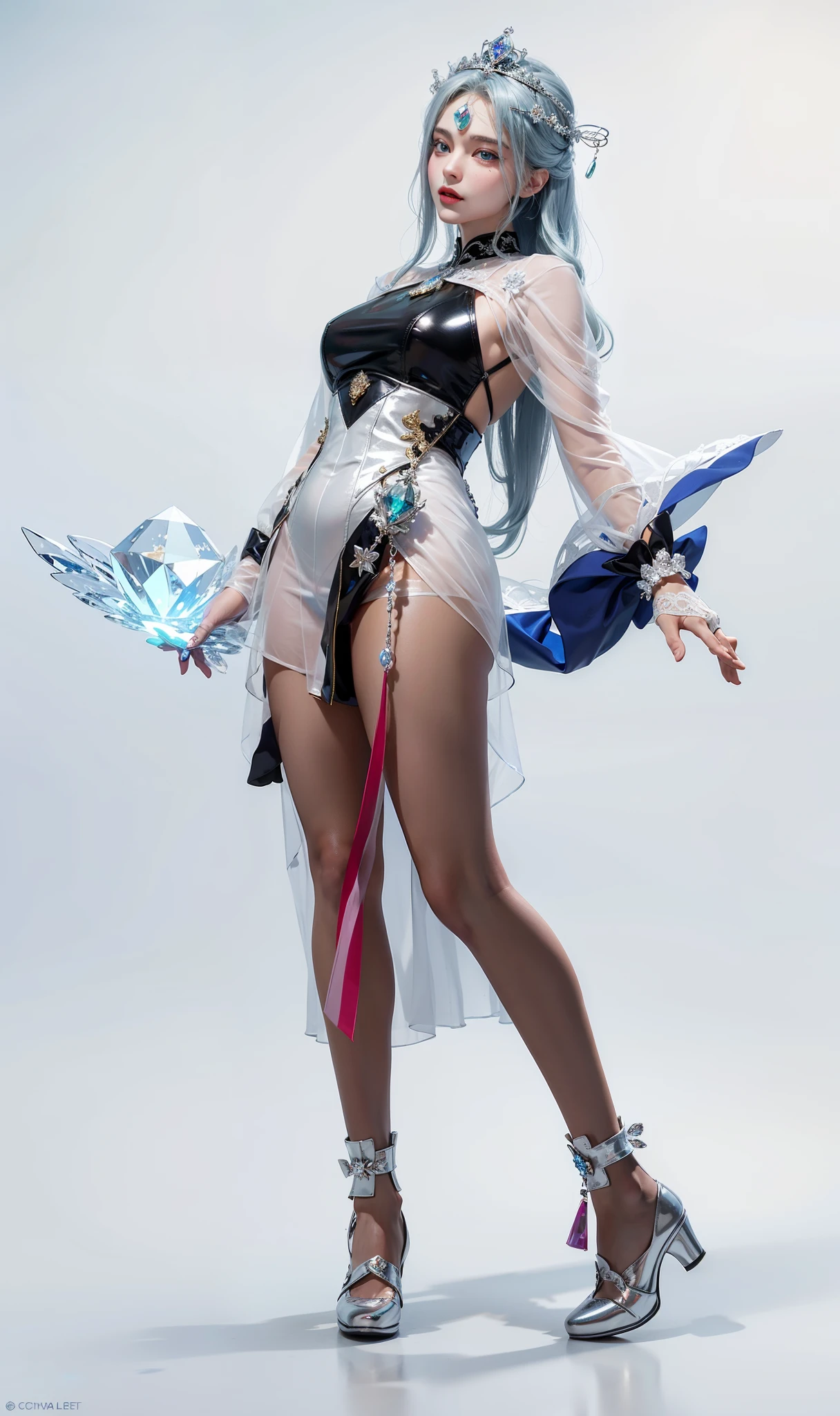Royal sister,exquisite eyes,ice queen,put the crown on your head,Detailed facial expressions body,tall figure,Gorgeous,Leg length,4k,HD,Sensual,translucent lace,白皙plump figure,pretty face,Little cherry mouth,beautiful and delicious(3D royal sister),plump figure,gloss gel coat,Queen in luxurious dress,Crystal Gem Crown,Angel of light in armor,holding ruby in hand,Wear black leather gloves,white shoes,There is a bow behind