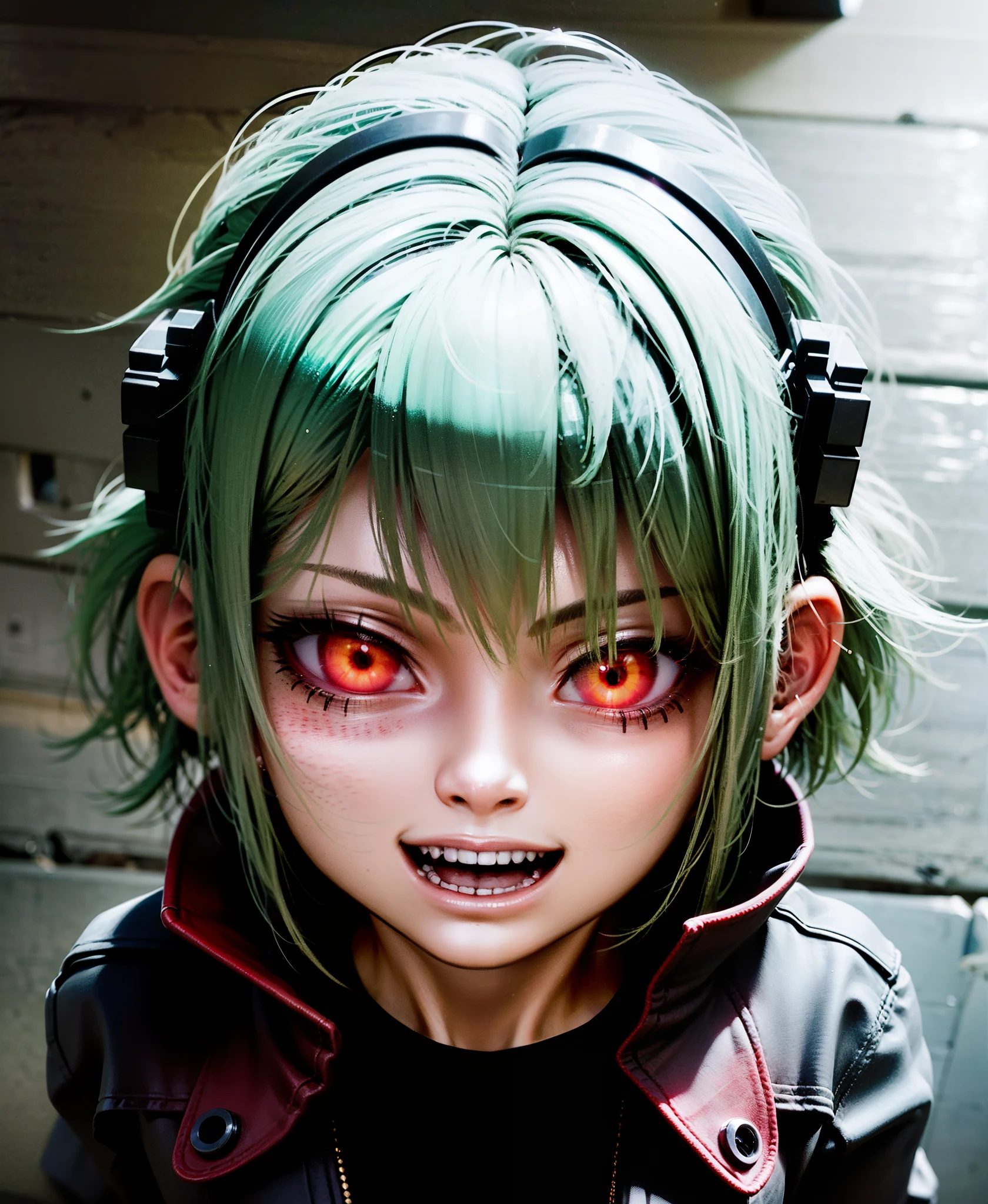anime phonk horror album cover, blood in the face and vampire girl with sharp teeths and open mouth with neon green colors