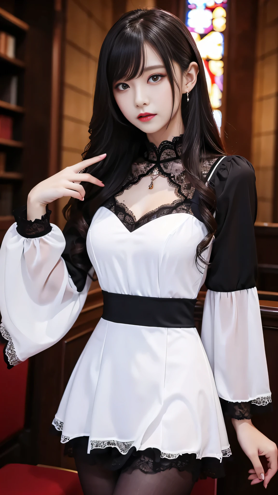 Super detailed、Japanese、charming beauty、seductive adult woman、Beautiful woman、sharp eyes、cool girl、wavy hair、suit、Black chiffon、lace fabric、wide sleeve、wearing a lace insert dress、white blouse、Tight Skirt、Lustrous legs、evilの幹部、evil depravity、brainwashing、Mind control、lipstick、grin、evilな表情、evil、empty eyes、evil、church at night、vampire、evil woman、vampire、lure、meanwhile、look down、put your index finger to your mouth