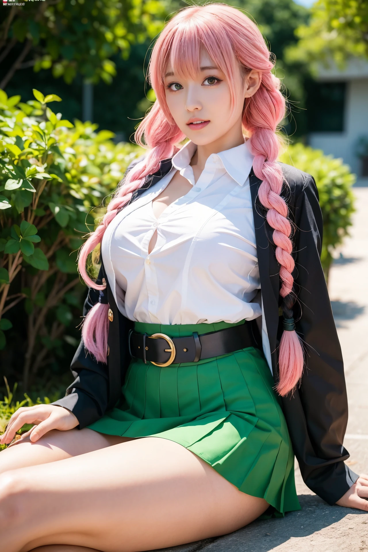 (Demon Slayer Worldview),(Beautiful cosplay of Mitsuri Kanroji),mole under eye,pink hair,mole,long hair,colorful hair,Braid,gradient hair,demon slayer uniform,green hair,green eyes,bangs,long sleeve,shirt,twin Braids,two tone hair,kimono,white shirt,Haori,Jacket,black Jacket,belt,collared shirt,white belt,skirt,unbuttoned shirt,black skirt,open shirt,(A sword in a scabbard),green knee socks,pleated skirt,miniskirt,1 girl,sexy pose,highest quality,masterpiece,figure,very delicate and beautiful,CG,unity,8k wallpaper,wonderful,finely,masterpiece,official art,very detailed CG unity 8k wallpaper,incredibly absurd,huge file size,super detailed,High resolution,very detailed,beautiful detailed girl,realistic,full frontal,dirt road in deep forest,contrast of light,