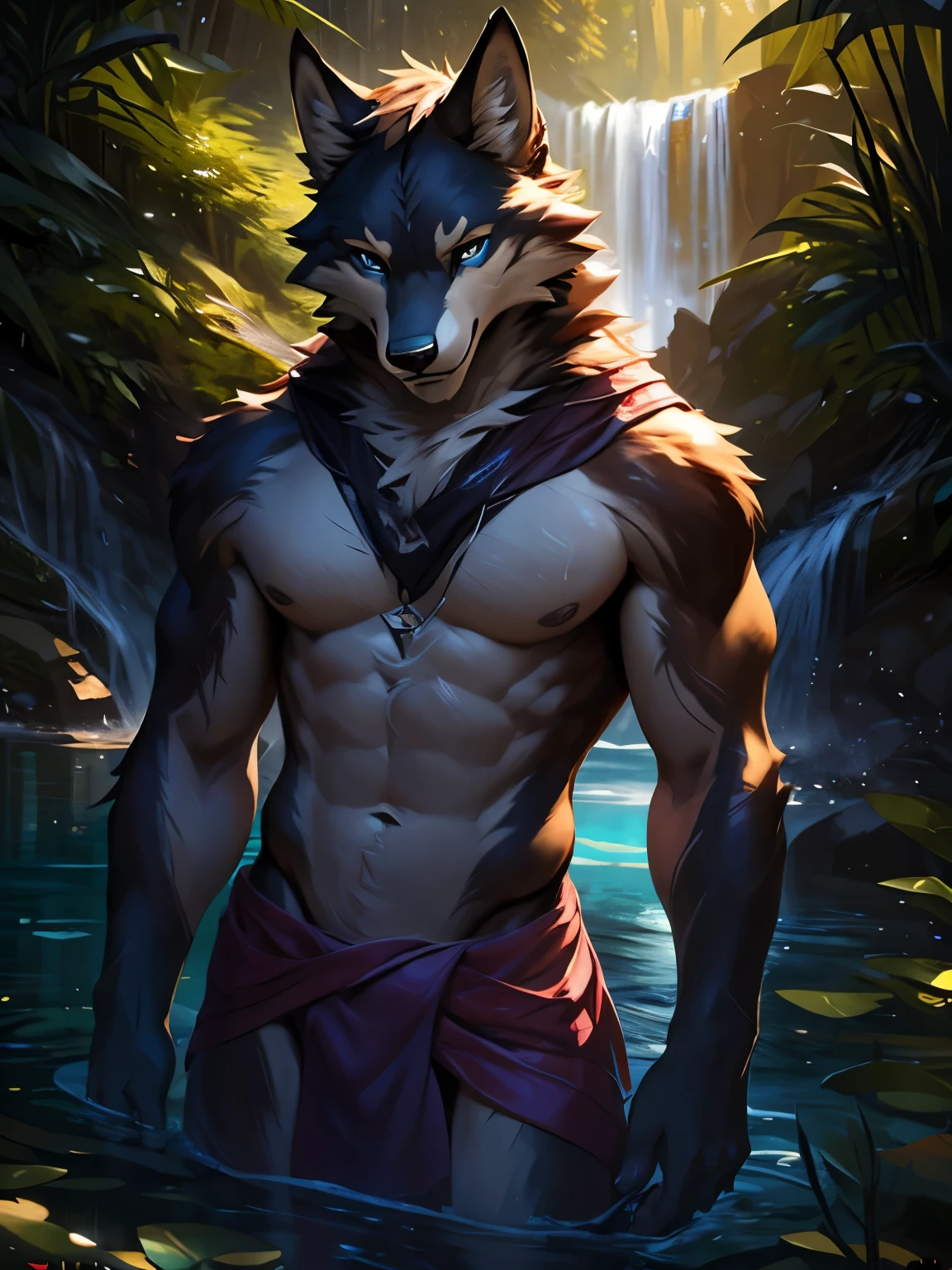 4k, high resolution, best quality, perfect colors, perfect shadows, perfect lighting, posted on e621, (by Chunie, by canyne khai, by t.y.starale), furry, Wolf anthro, solo, white fur, Blue eyes, (Realistic eye details 1.3), adventur, was bathing in the waterfall, Water depth up to the navel of the stomach, Soak in the lake, Wrap around a bath towel, Full body like, Slim body, V0id3nergy, Masterpiece, dramatic lighting, soft lighting, day, highly detail, Hair coiled, (Seductive look:1.2), fit body, small bulge, wet fur, (fully naked body), perfect male figure, Detailed fur, Detailed face, Perfect face, Detailed background, ((Bonifasko lighting)), Wolf tail, (Detailed eyes), perfect pupils, detail eyes, detail fluffy fur, (seductive face:1.2), fit body, Looking at the camera, (Complex), (Super Detail), (Ultra Clear), (Best Quality)