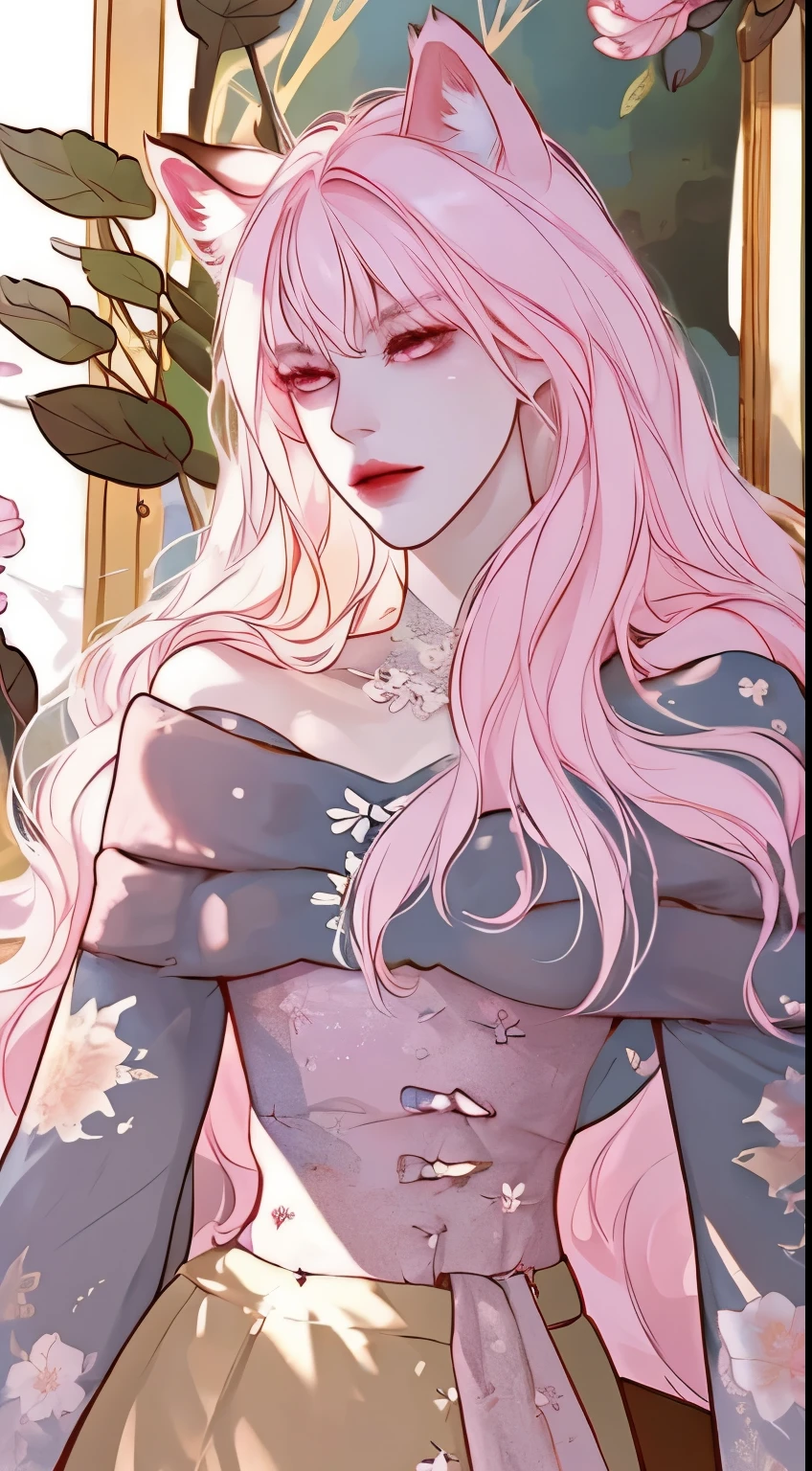 high quality，masterpiece，Exquisite facial features，fine hair，exquisite eyes，fine hair，（quality：HD CG anime wallpaper），Cute aesthetic style，anime manga girl，fox demon，fox ears，long golden hair，pink skirt，fantastic garden，Floral fragrance，Digital painting，art station，concept art，clear focus，revelation，Greg Rutkowski、Art by Alphonse Mucha and Victo Ngai（Exquisite facial sculpting）（Fine hair depiction）（best quality）（Masterpiece）（High degree of completion）（broken to pieces）（a sense of atmosphere）8k wallpaper，masterpiece，最好的quality，Super detailed（bust）
