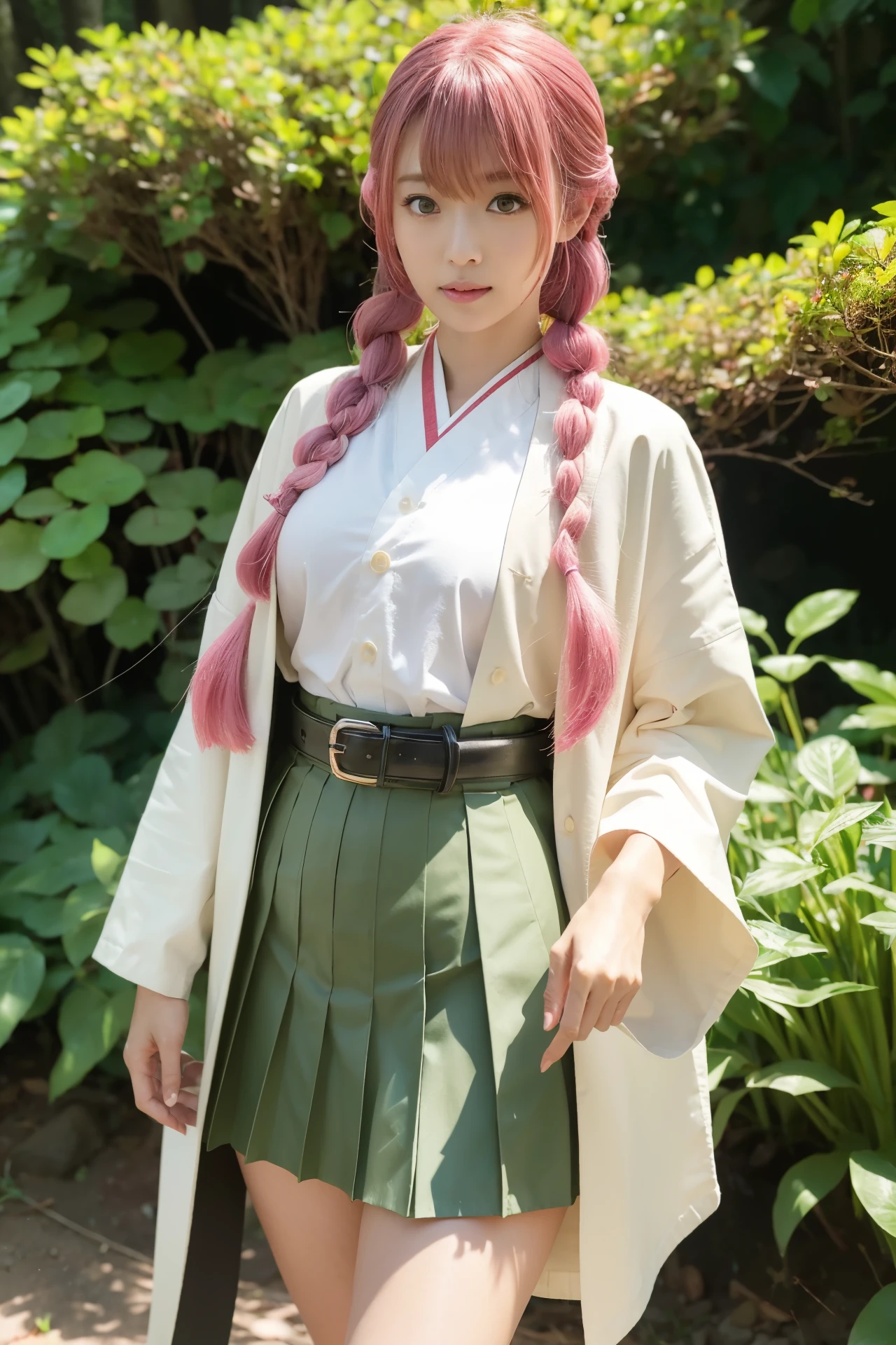 (Demon Slayer Worldview),(Beautiful cosplay of Mitsuri Kanroji),Full body shot from the front,In the forest at dusk,Standing on his knees and keeping an eye on his surroundings,mole under eye,pink hair,mole,long hair,colorful hair,Braid,gradient hair,demon slayer uniform,green hair,green eyes,bangs,long sleeve,shirt,twin Braids,two tone hair,kimono,white shirt,Haori,Jacket,black Jacket,belt,collared shirt,white belt,skirt,unbuttoned shirt,black skirt,open shirt,(A sword in a scabbard),green knee socks,pleated skirt,miniskirt,1 girl,sexy pose,highest quality,masterpiece,figure,very delicate and beautiful,CG,unity,8k wallpaper,wonderful,finely,masterpiece,official art,very detailed CG unity 8k wallpaper,incredibly absurd,huge file size,super detailed,High resolution,very detailed,beautiful detailed girl,realistic,full frontal,dirt road in deep forest,contrast of light,