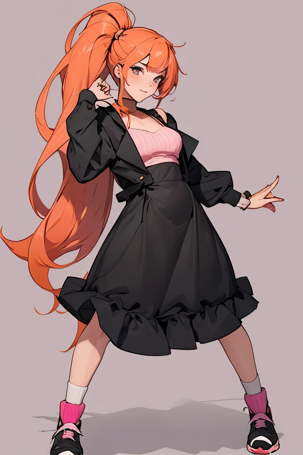 20 year old woman, trainer pokemon DRESS, two ponytails,long hair, hair orange with PINK color,pose batalla, full body
