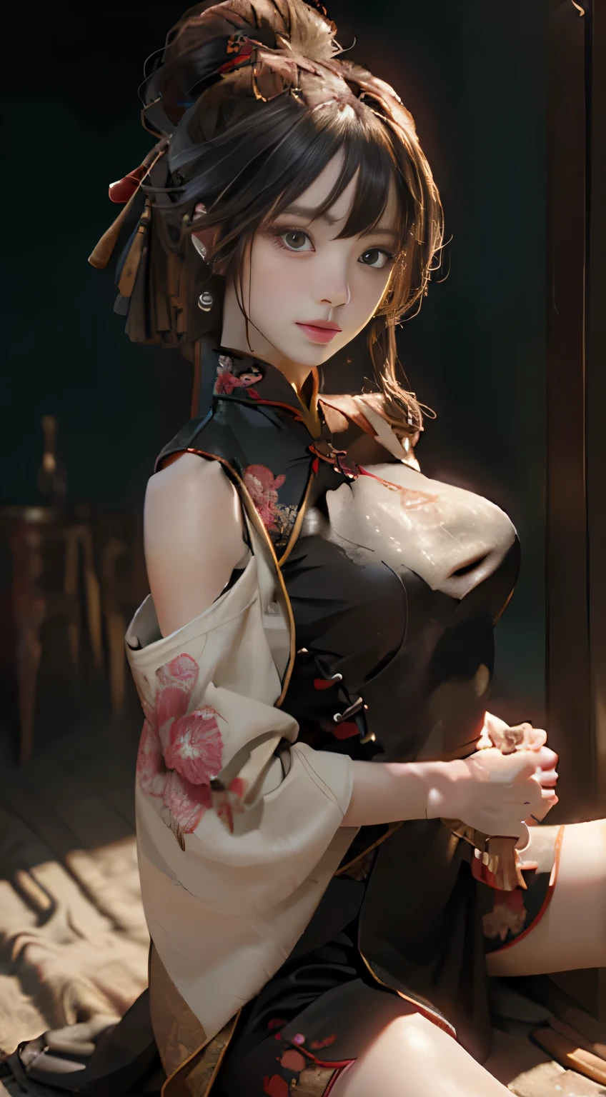 ((best quality)), ((masterpiece)), (detail:1.4), 3d,high dynamic range(high dynamic range),backlight,girl injured in war,The girl wearing a cheongsam seems to have stepped out of ancient times,But she is full of cyberpunk elements。Her expression is intense,(big breasts),There seems to be endless anger in his eyes,The various degrees of scars and cuts all over the body are awe-inspiring。Maximum clarity and sharpness、8K raw data,Full body female love,