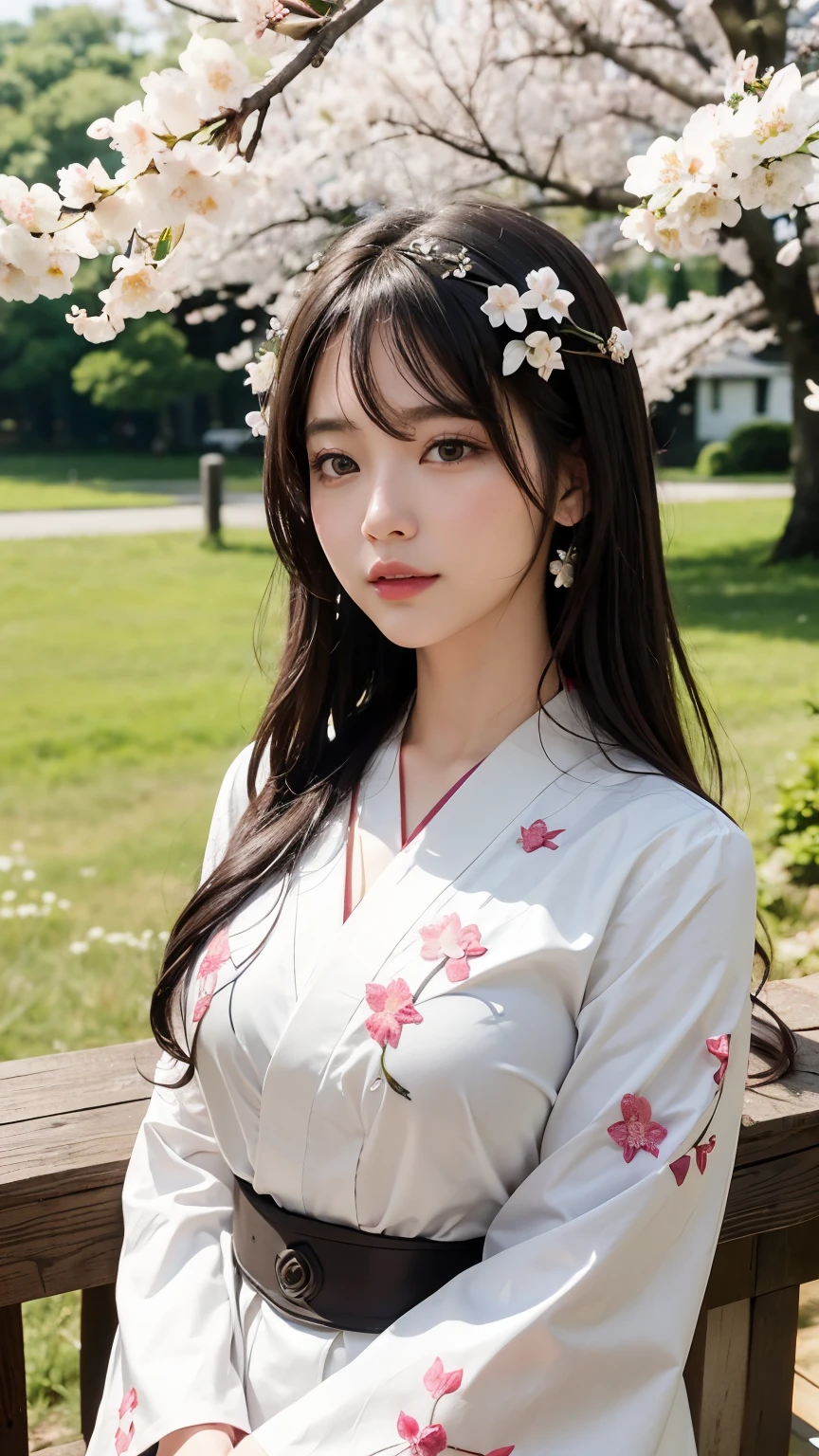 (logo、masterpiece、8k、table top、RAW photo、wonderful、最high quality、Photorealistic and hvery detailed CG integrated 8k wallpaper、high quality、very detailed、Narrative poem、particle effects、dynamic effects、written boundary depth、cinematic light、Lens flare、ray tracing)、fantasy、 (1 beautiful woman、white kimono、Japan Dress、white cherry blossom pattern、White cherry blossom embroidery pattern、black haired、beautiful face、real face、beautiful details eyes beautiful skin)、Hair flutters in Wind、hair bounces、pink cherry tree、petals dance、SakuraFubuki、wonderful景色、sunrise、sun on background、Wind、god々、teeth、god話、vast land、
