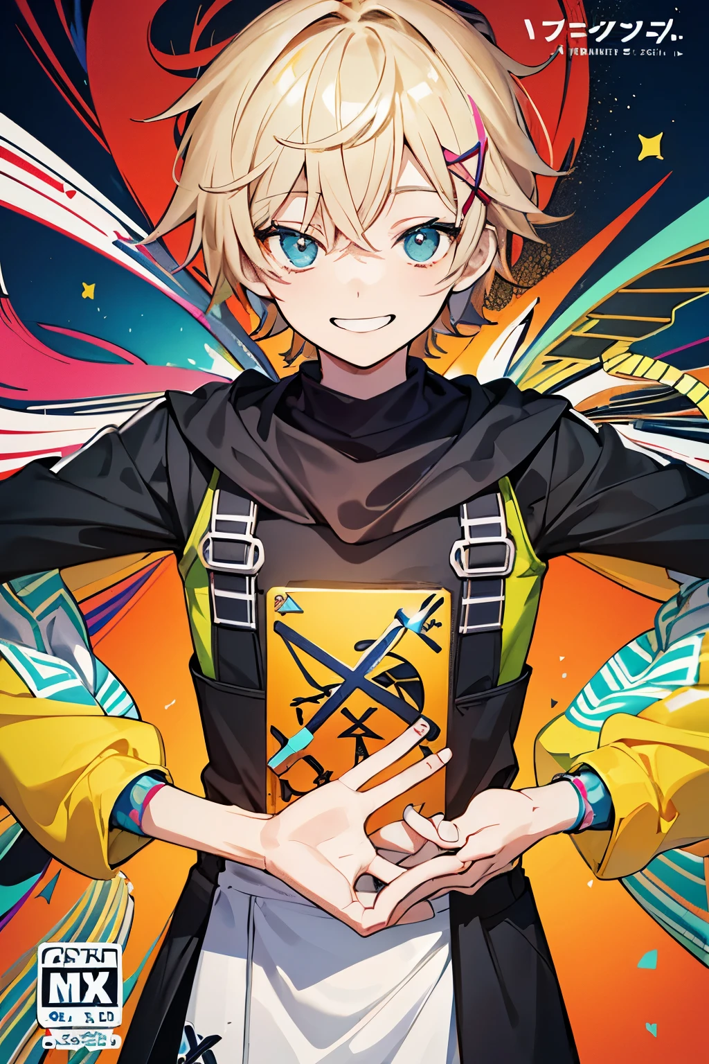 The letter X comes alive in this creative design, transforming into an intricately detailed and vibrant image of a lofi boy. With a quirky smile and expressive eyes, he is positioned in the center of the design, surrounded by dynamic and colorful elements. The background is a soothing blend of earthy tones and muted hues, adding to the overall calming and relaxed atmosphere. Text and graphic elements complement the design, creating a cohesive and eye-catching piece that is sure to grab your attention and put a smile on your face.

(magazine:1.3), (cover-style:1.3), creative, design, letter, X, lofi