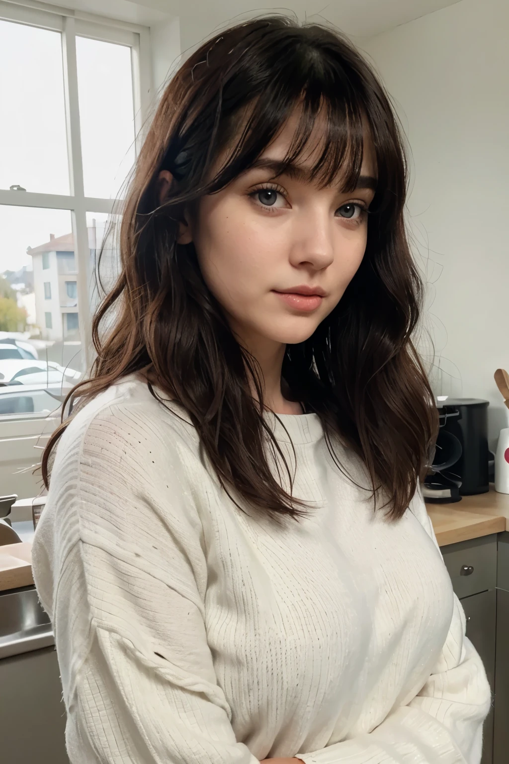 wavy hair, black hair, chin-length short hair, ocean blue eyes, almond eyes, tiny nose, upturned nose, white skin, ultra white skin, slim facial features, long eyelashes, hair with bangs, cherry red lip, restaurateur, workshop background, wearing oversize sweater, 168 cm height, 48 kg weight, extremely realistic