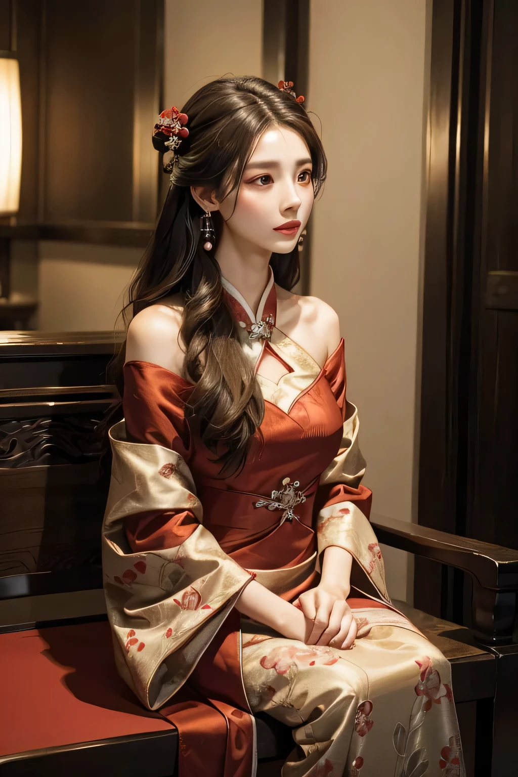 A graceful woman sitting alone, High resolution captures her lifelike form. She is wearing a traditional red wedding Hanfu, Intricate patterns stand out against plain backgrounds. her long, Dark hair falls over shoulders, freeze her beauty, expressive eyes. several small, There are obvious red spots on her forehead, Adding authenticity and charm to her Chinese heritage. Delicate pearl earrings adorned her ears, Adds a touch of elegance and sophistication to her overall look.