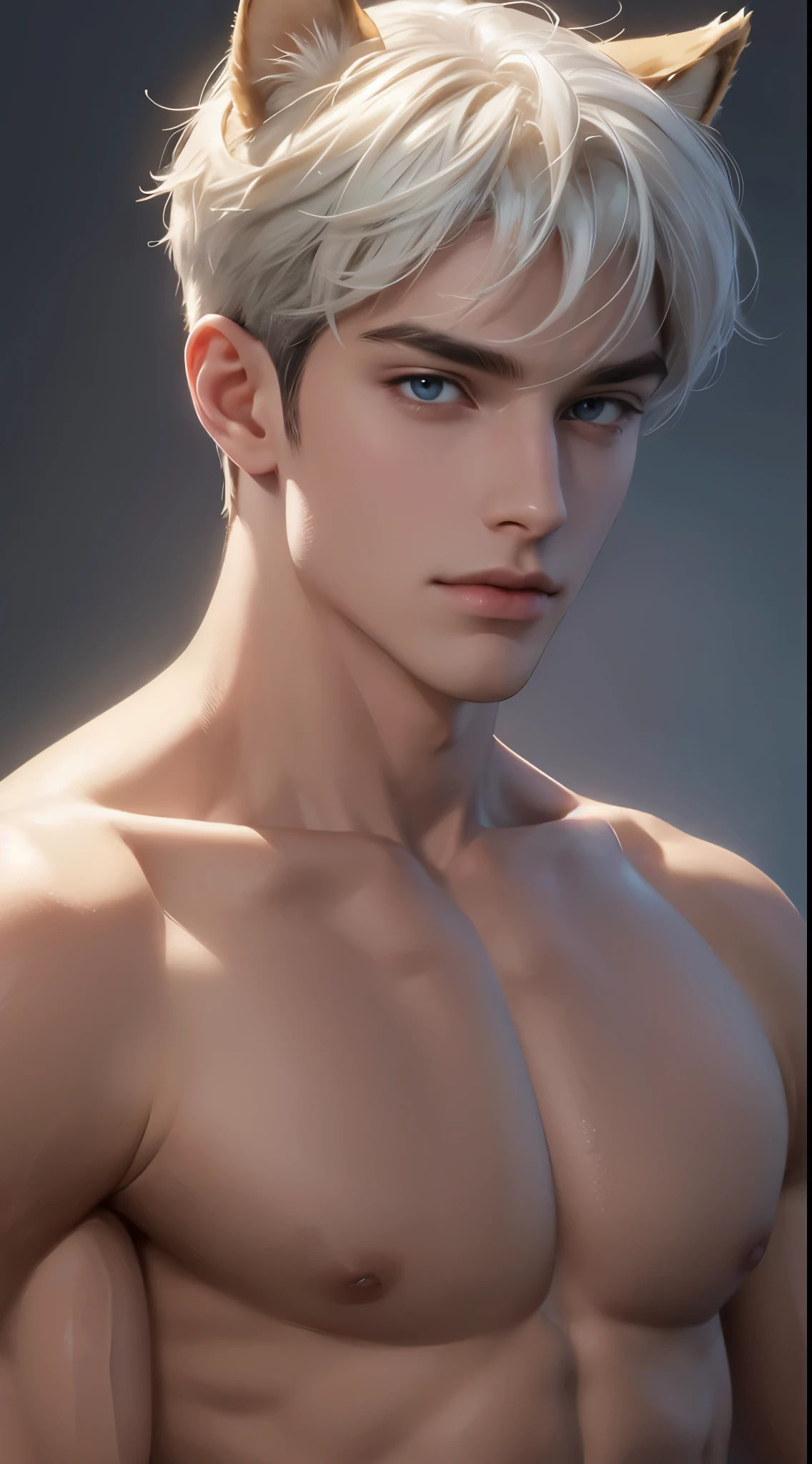 4k, high resolution, best quality, masterpiece, perfect color, perfect shade, perfect lighting, Posted by e621, ((portrait)), ((handsome man)), perfect male figure, Short hair details,chest muscles,abdominal muscles,Naked torso,Detailed face, perfect face, (stood up), Detailed background, ((Bonifasco Lighting)), (delicate eyes),(animal ears),white hair