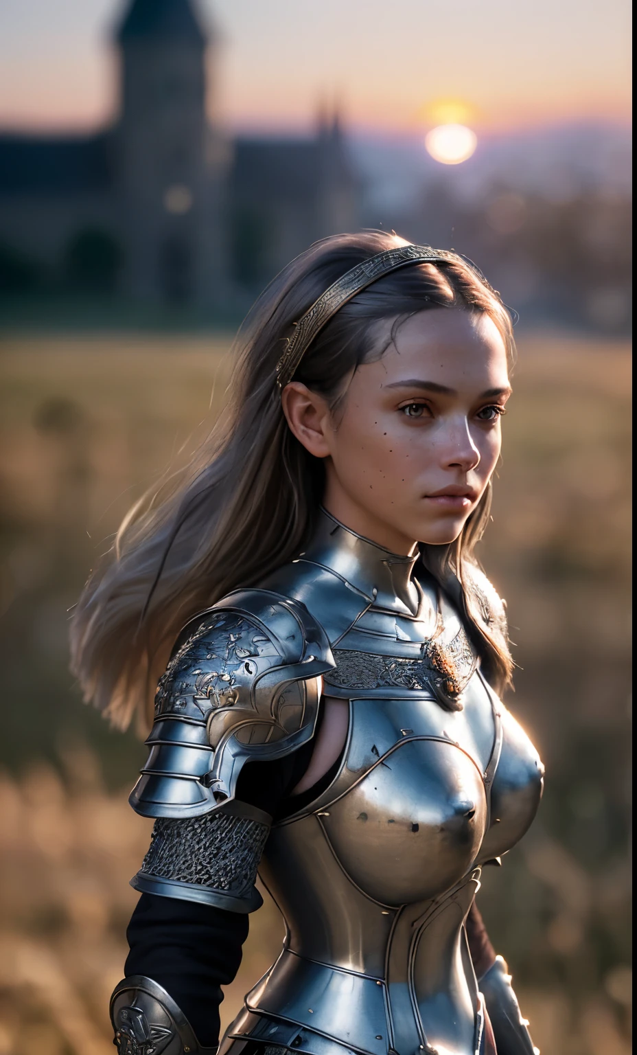(masterpiece), (extremely intricate:1.3), (realistic), portrait of a girl, the most beautiful in the world, (medieval armor), metal reflections, upper body, outdoors, intense sunlight, far away castle, professional photograph of a stunning woman detailed, sharp focus, dramatic, award winning, cinematic lighting, octane render unreal engine, volumetrics dtx, (film grain, blurry background, blurry foreground, bokeh, depth of field, sunset, motion blur:1.3), chainmail