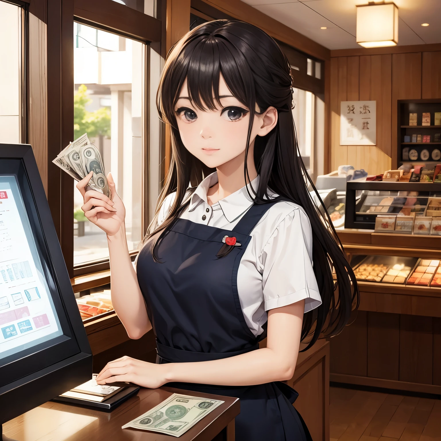 masterpiece、anime picture、Inside the restaurant、1 girl、Front facing、Clerk standing at the checkout counter、hand over money