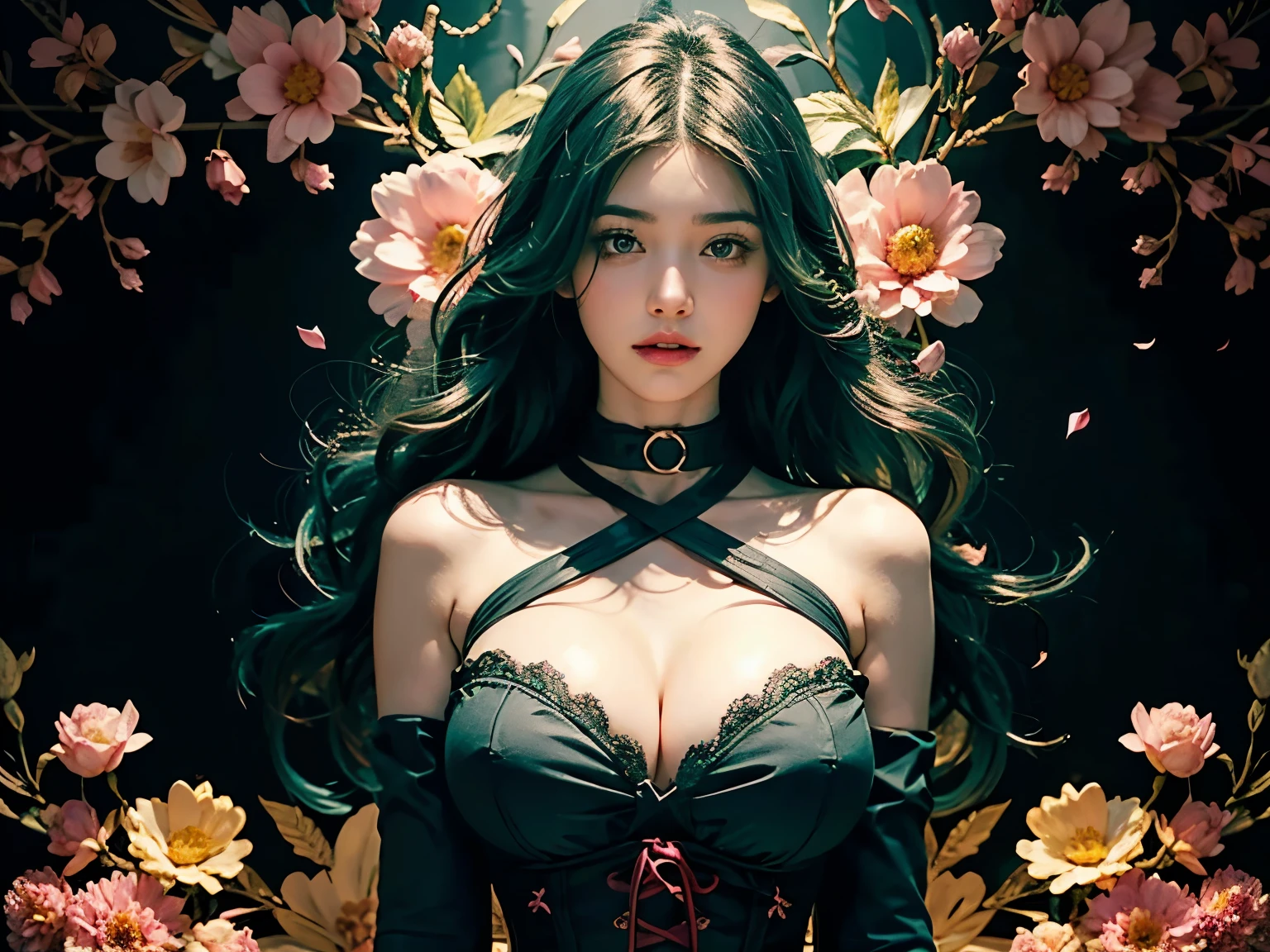 2 european women flirting, upper body, nude, bare breasts,long wavy mint green hair, shibari, rope, slave collar, tight black corset, bdsm,ultra sexy, flowers, flower petals billowing through the air, black and yellow and pink pattern background, (abstract black and yellow and pink pattern background), ultra huge breasts, (ultra huge breasts),(ultra busty)